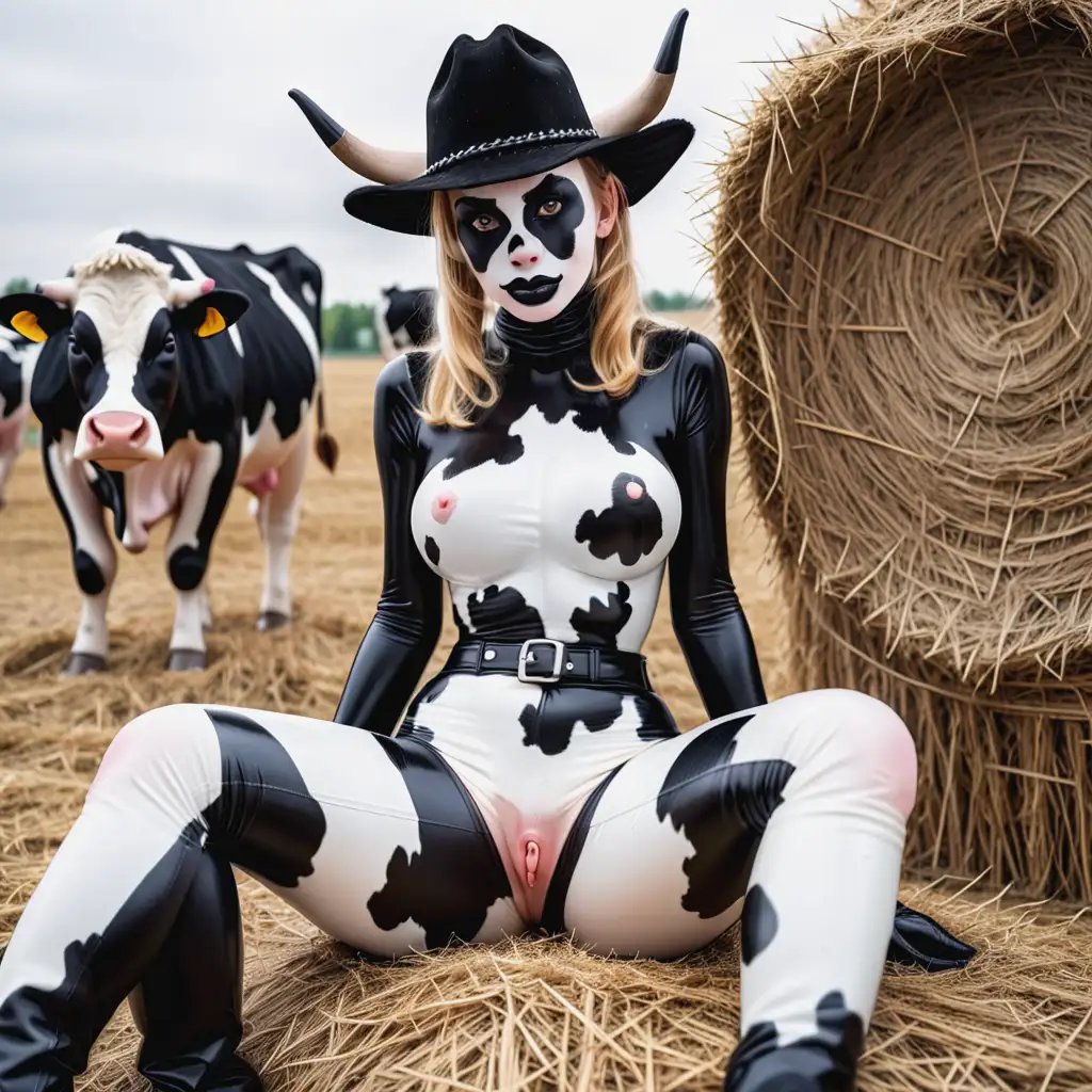 Латексная девушка фурри корова с черно белой латексной кожей с мордой коровы вместо лица сидит на стоге сена