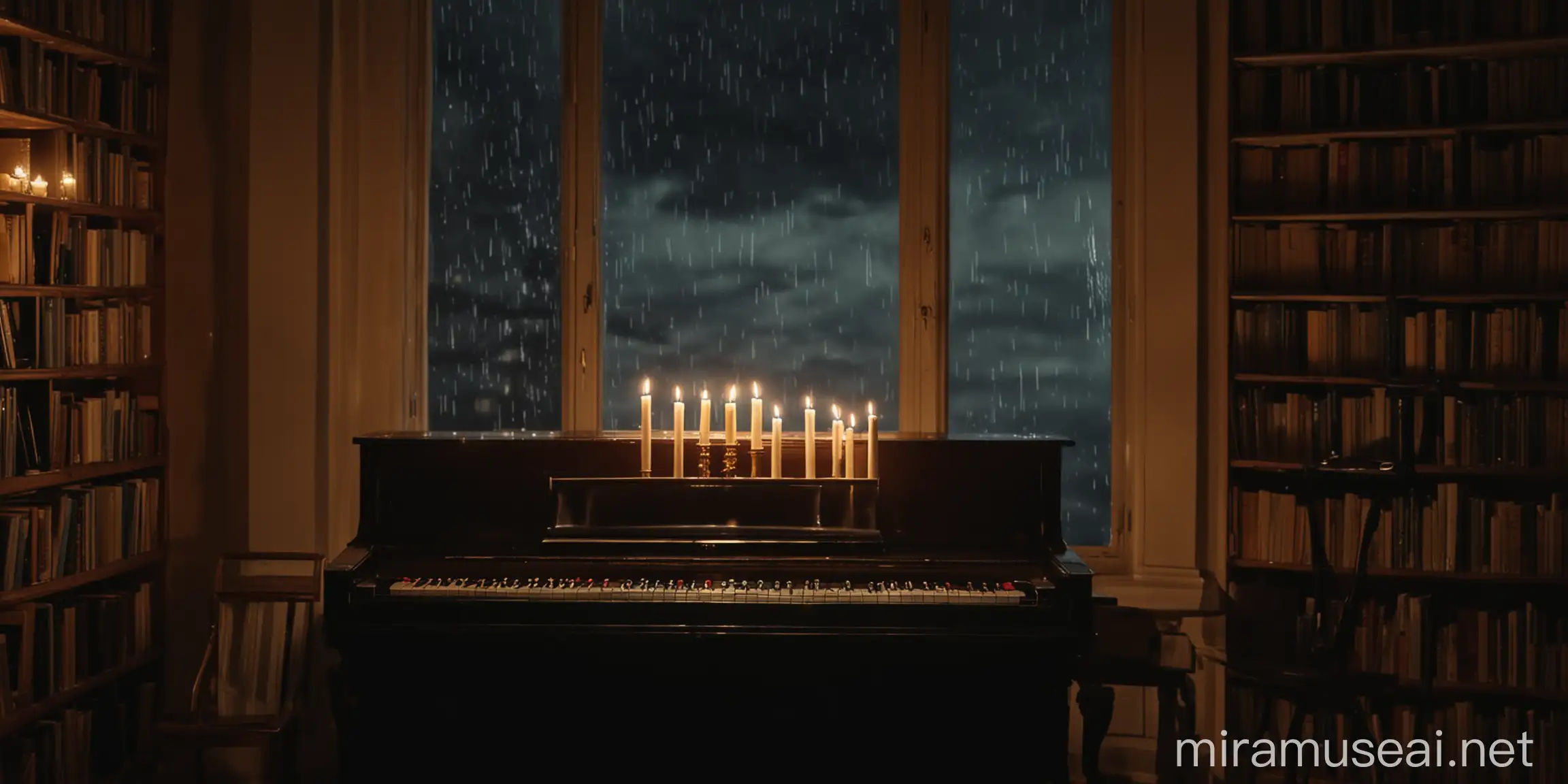TAIL classical piano at night with candle lights in a library. 
window with storm outside