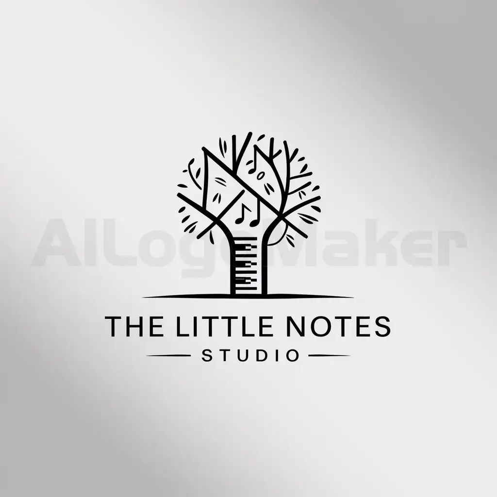 a logo design,with the text "The Little Notes Studio", main symbol:tree with notes and keybord as a bark,Minimalistic,be used in art industry,clear background