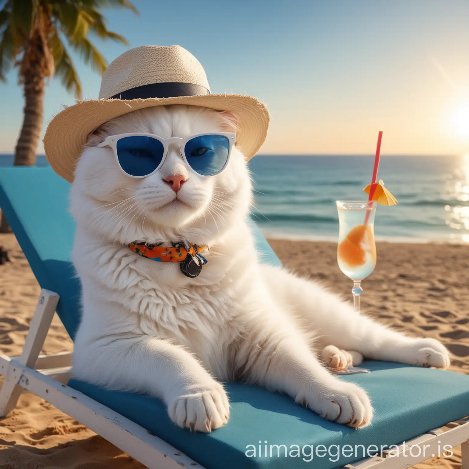 white sweet cat with sunglasses in blue and a cute black dog with hat, drinking cocktail, sun lounger, beach, sunsetultra realistic, high resolution, actual perfect photography