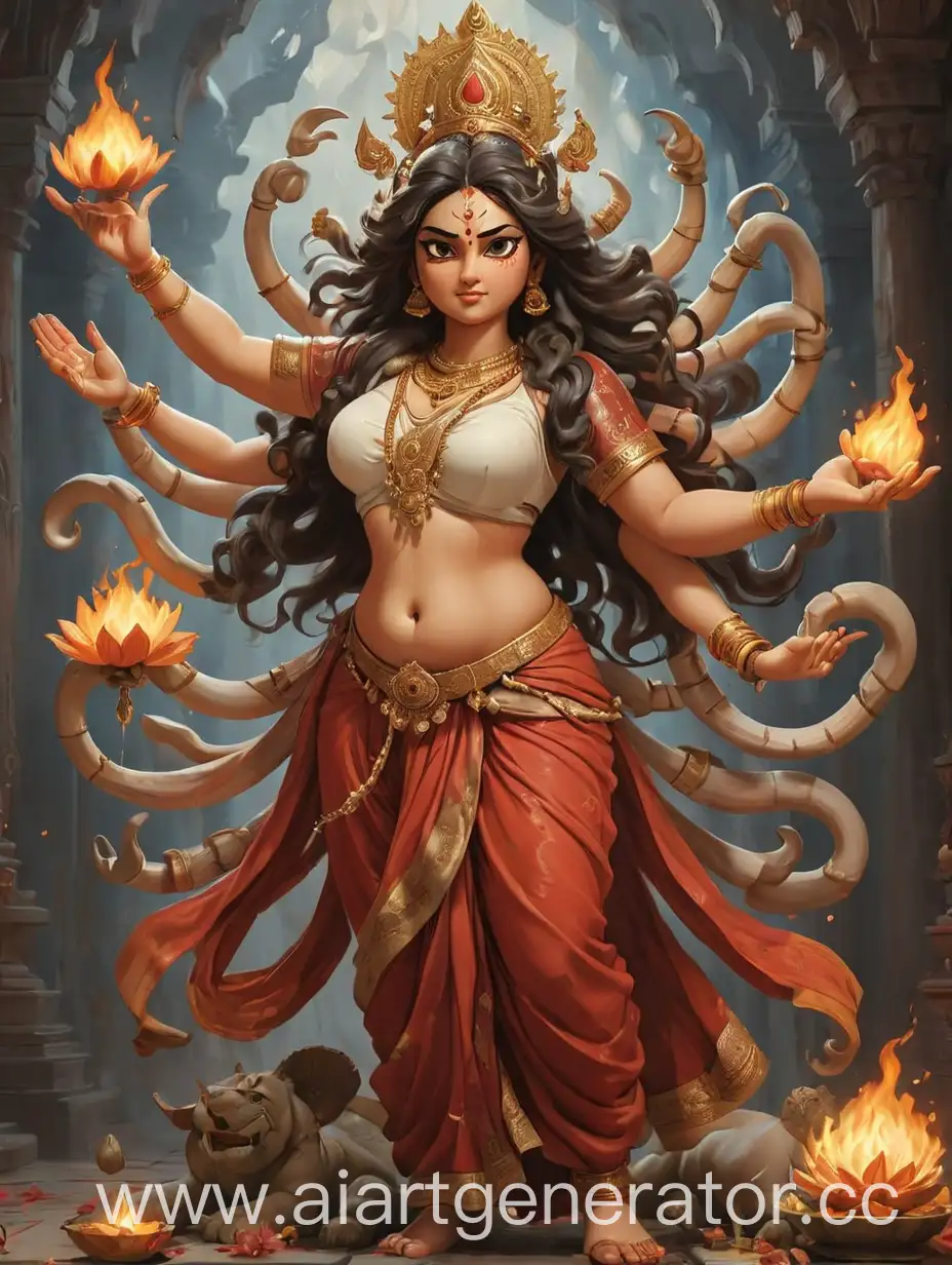 Thick fat chubby plump Maa Durga, the fierce and powerful Hindu goddess, standing tall and imposing against a backdrop of swirling, fiery energies. Her eight arms are adorned with various weapons, including a trident, a conch shell, a discus, a sword, an axe, a bow, a shield, and a rosary. Her four arms are positioned in various protective mudras, with one hand bestowing blessings upon her devotees and another holding a lotus flower, symbolizing creation and purity. Her eyes glow with an intense fire, reflecting her ability to destroy evil and protect her followers. Her hair is wild and untamed, flowing freely around her shoulders and down her back, as if it were alive with energy. She wears a crimson dhoti draped elegantly across her form, accentuating her powerful curves and exuding an aura of strength and invincibility. Behind her, the chaotic flames swirl and dance, as if they are an extension of her own fury and might. In the foreground, a group of devotees kneel in supplication, offering flowers, incense, and fruit as offerings to the mighty goddess. The image captures the raw power and unyielding protection of Maa Durga, symbolizing her eternal vigil over her devotees and her relentless fight against darkness and evil.