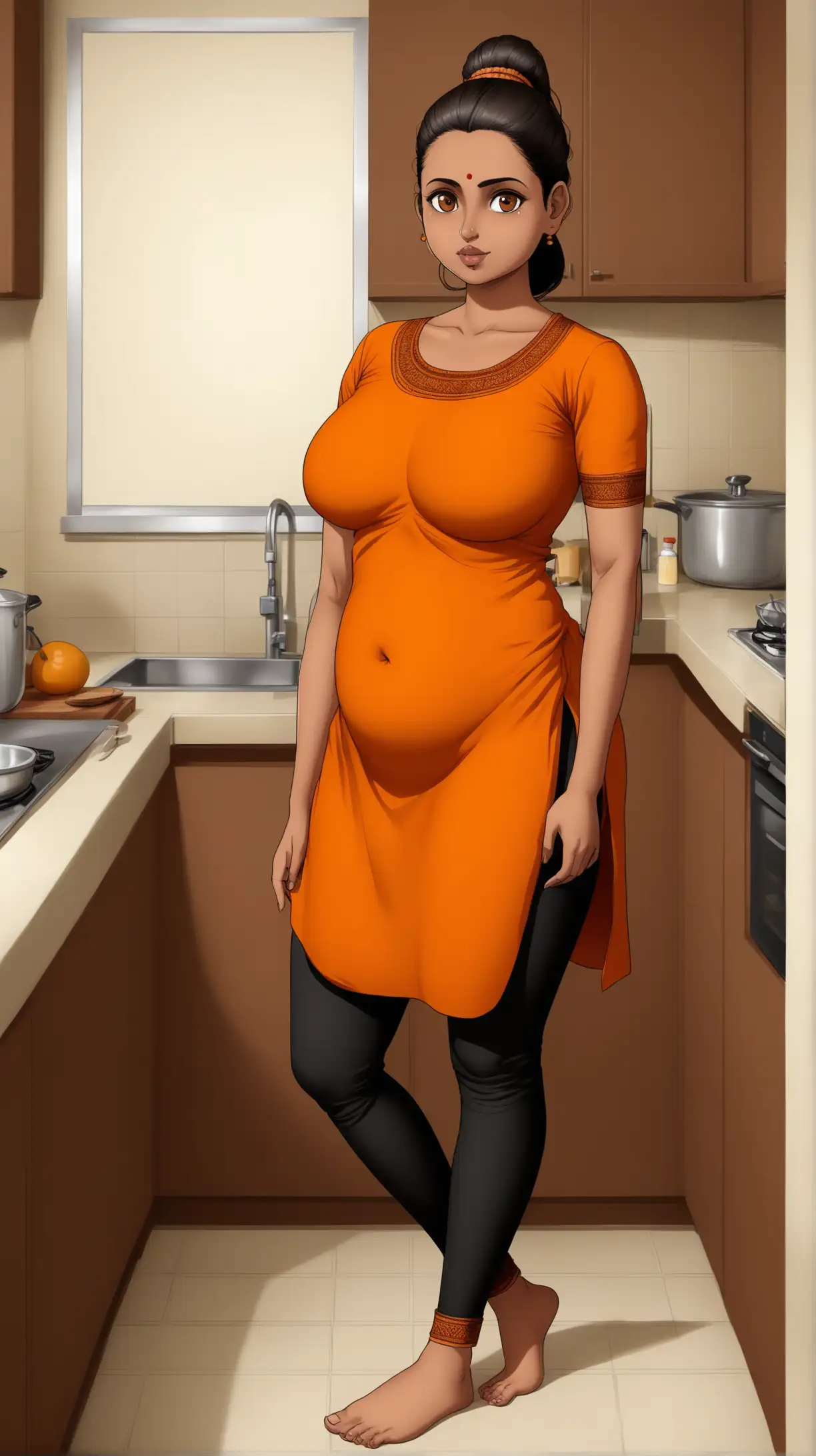 adult south Indian woman, anatomically correct, round face, big lips, brown sharp eyes, brown skin, wavy black hair pulled back hair, low wavy ponytail, short in height, medium big breast, wide hips, round body type, wearing orange kurti, black leggings, no make up, in kitchen, full body view, view from front, 