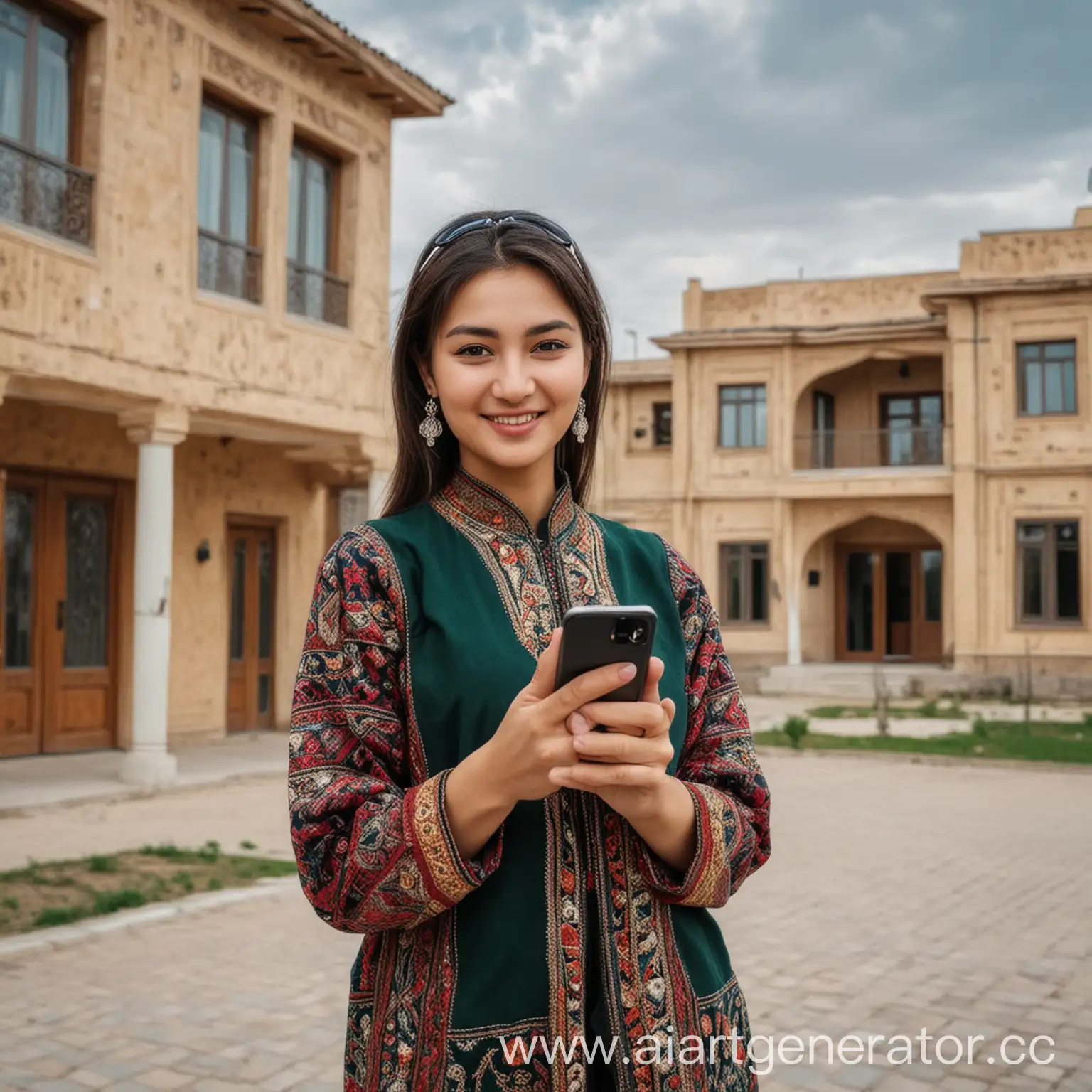 Happy-Uzbek-Woman-with-Smartphone-in-Front-of-Luxurious-House
