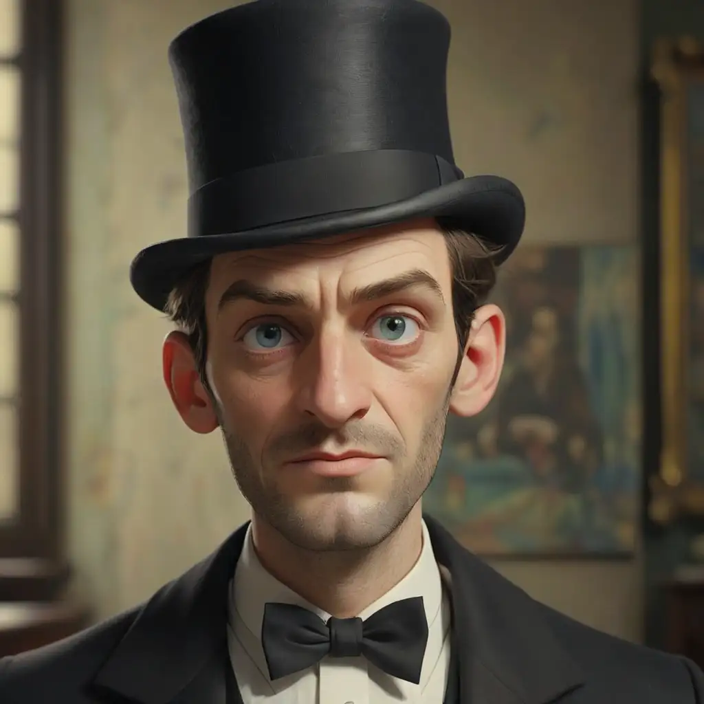 30-летний Давид Бурлюк в шляпе-цилиндре. стиль реализм, 3д-анимация