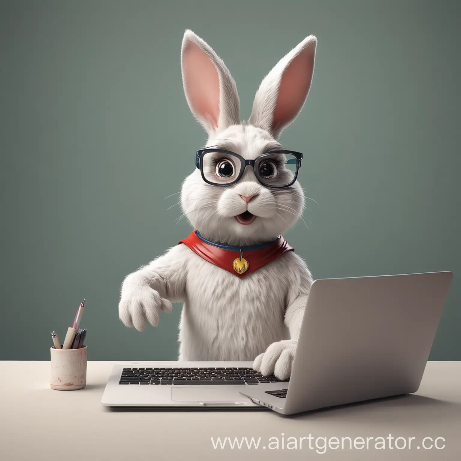 a bunny with working laptop  animation super hero
face
