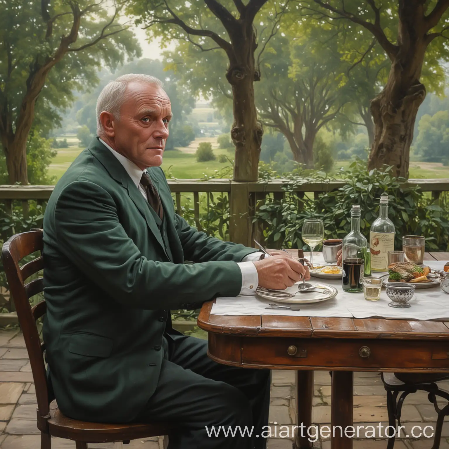 Мужчина, похожий на молодого Энтони Хопкинса, сидит за столом с бокалом в руке. На столе разнообразные блюда и напитки. Стол стоит на скромной веранде, на фоне видны зелёные деревья. Картина немного старомодная, это середина XX века. Около стола виден портфель бухгалтера.