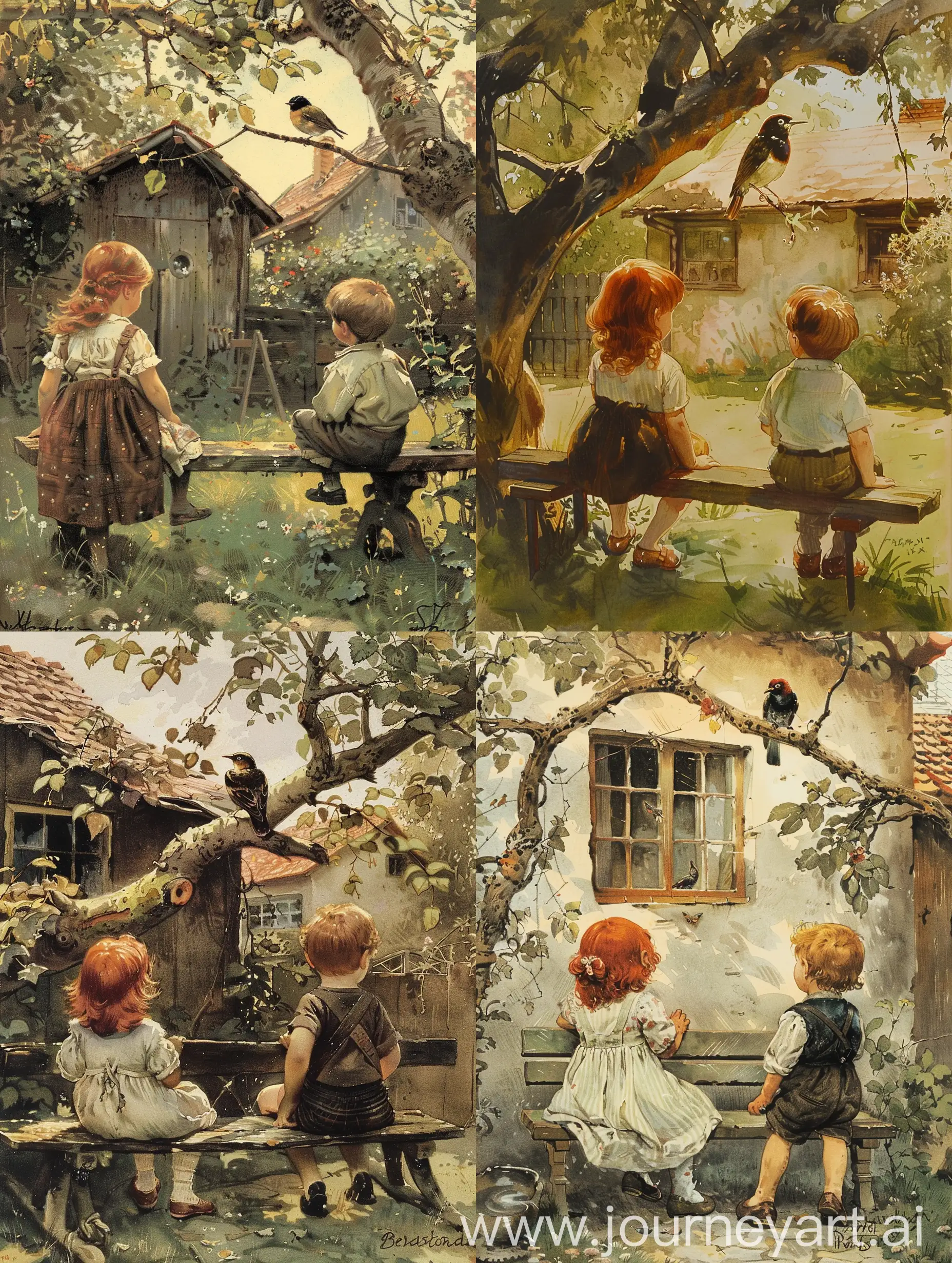 Маленькие дети (рыжая девочка шести лет и слегка смуглый мальчик четырех лет) сидят на лавочке во дворе и наблюдают за соловьём, сидящим на ветке старого дуба
