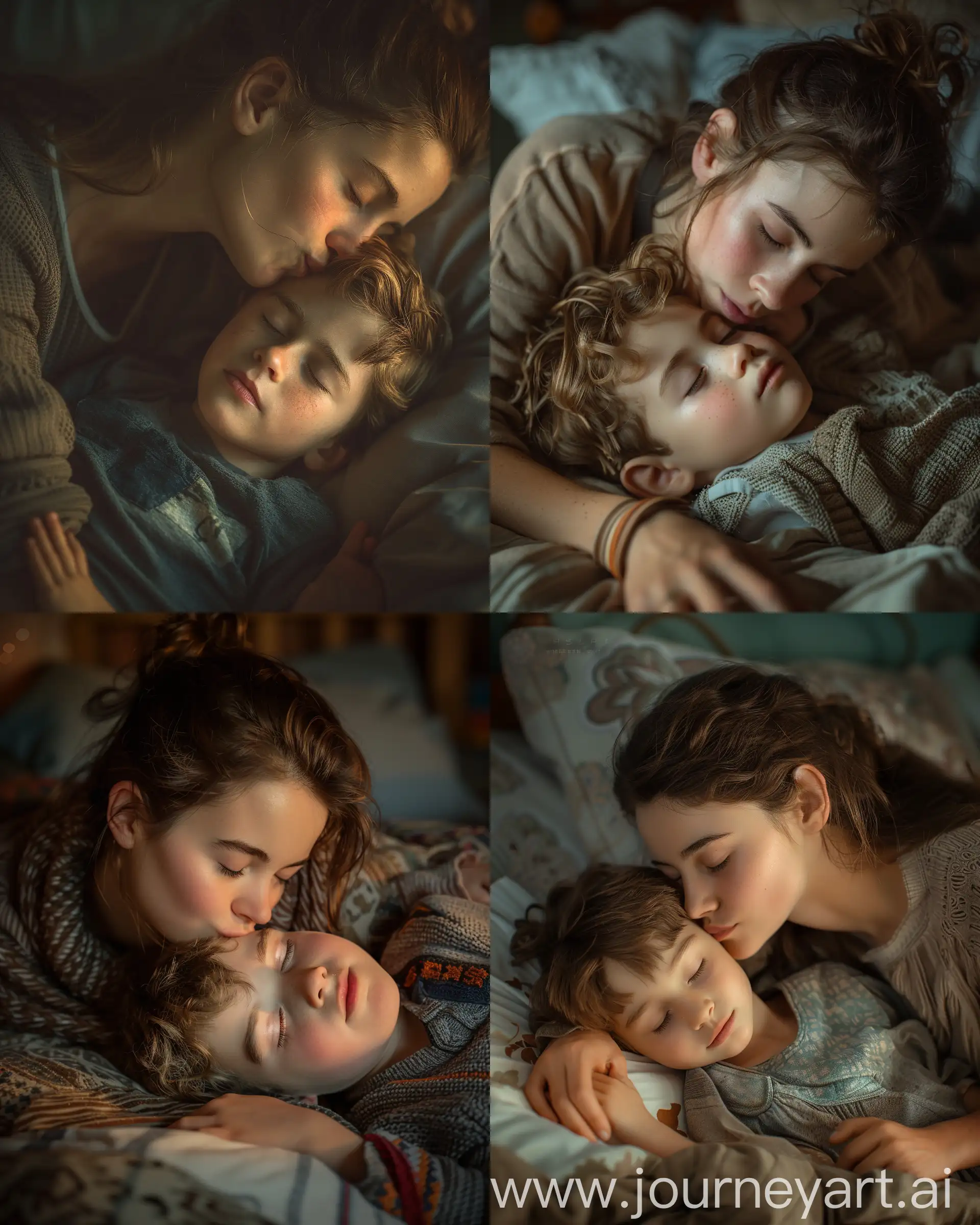 A mother kissing her son's forehead while he sleeps in her bed, cinematic, high resolution, happy, highly detailed, cinematic lighting, film grain, atmospheric perspective, hyperrealistic , gritty, epic, like an Artstation masterpiece, with award-winning, raw, best quality photography in the style of a photo taken with a Hasselblad x2d camera --s 250 --ar 4:5