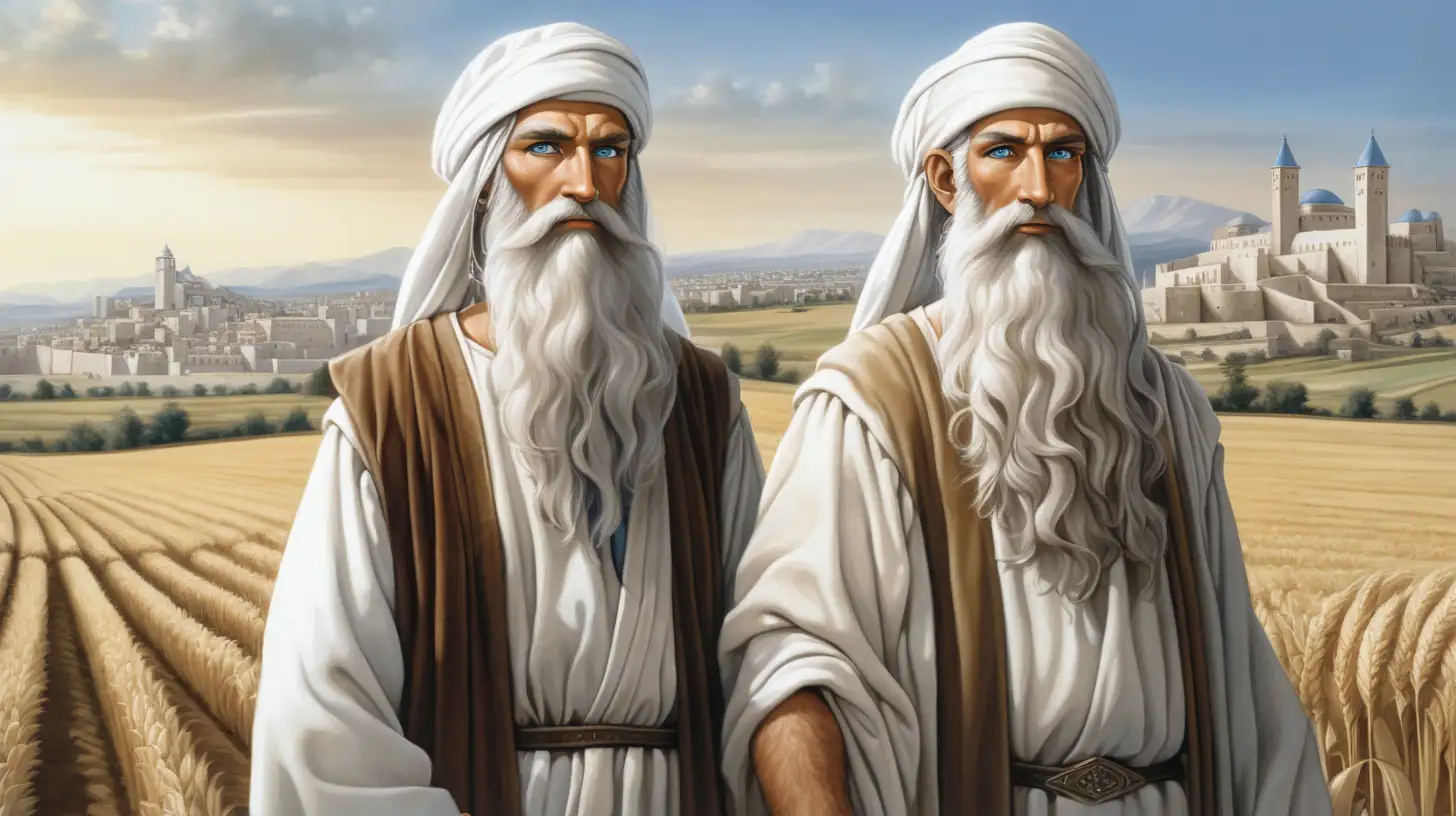 epoque biblique, de très beaux hébreux grands aux yeux bleux avec un turban blanc sur la tête et une longue barbe grise debouts dans un champ cultivé, en fond une immense ville fortifiée