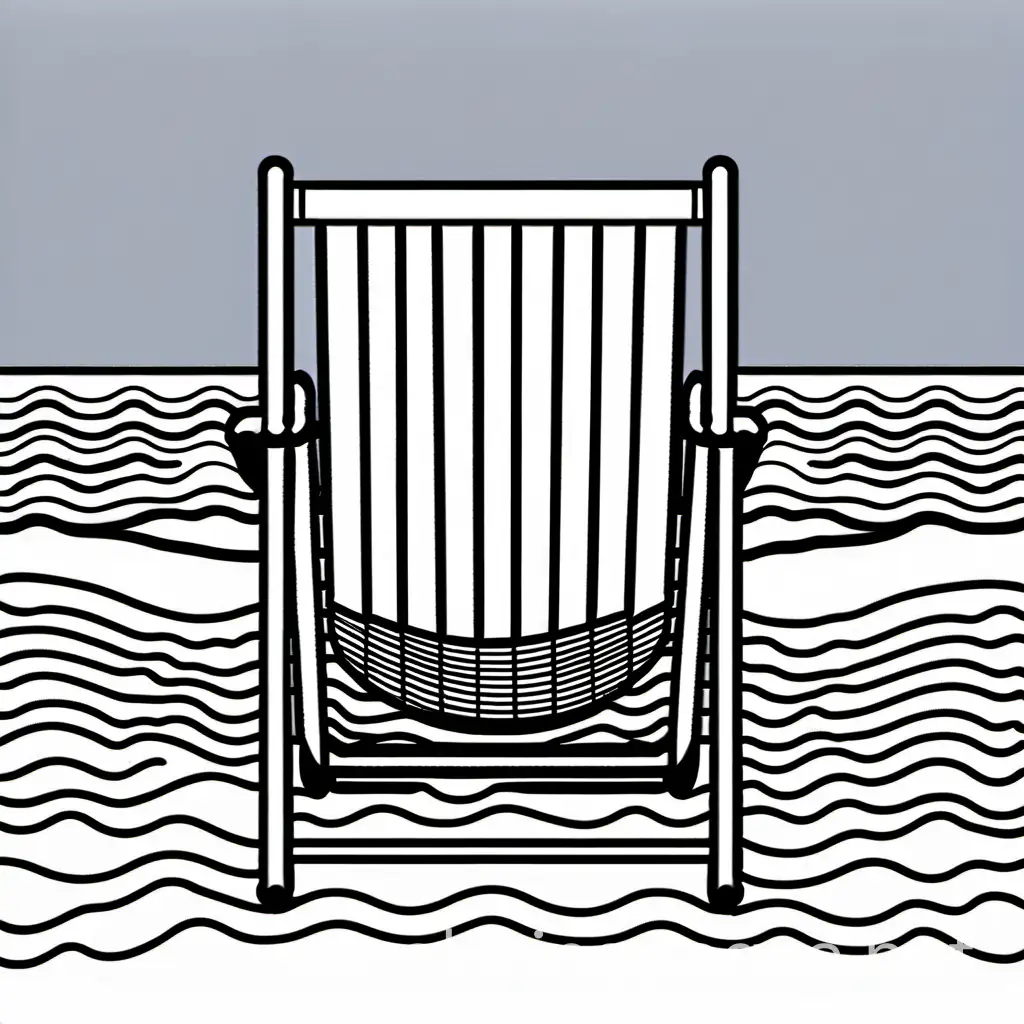 beach chair, black and white, bold and easy, white and clear background, Coloring Page, black and white, line art, white background, Simplicity, Ample White Space. The background of the coloring page is plain white to make it easy for young children to color within the lines. The outlines of all the subjects are easy to distinguish, making it simple for kids to color without too much difficulty