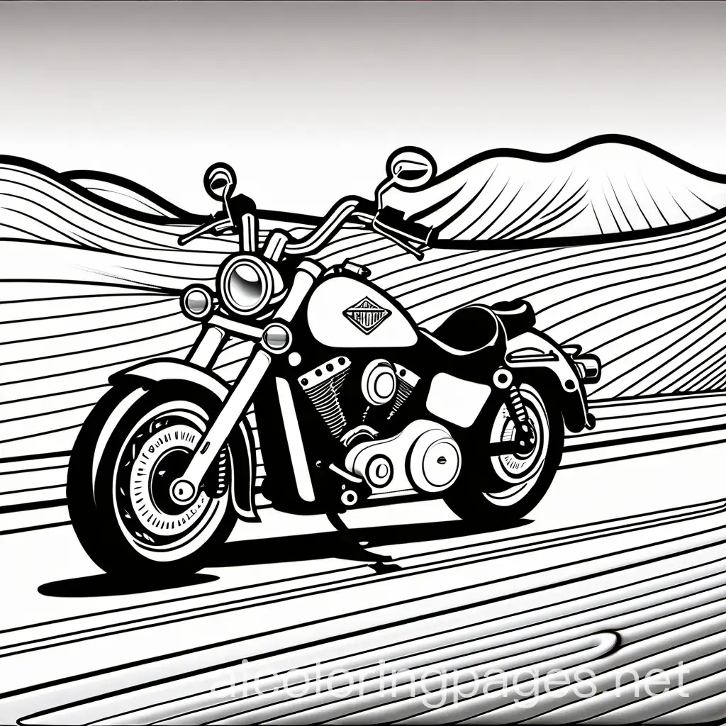 simple coloring page big harley motorcycle chrome fancy scenery driving winding road background design, Coloring Page, black and white, line art, white background, Simplicity, Ample White Space. The background of the coloring page is plain white to make it easy for young children to color within the lines. The outlines of all the subjects are easy to distinguish, making it simple for kids to color without too much difficulty, Coloring Page, black and white, line art, white background, Simplicity, Ample White Space. The background of the coloring page is plain white to make it easy for young children to color within the lines. The outlines of all the subjects are easy to distinguish, making it simple for kids to color without too much difficulty