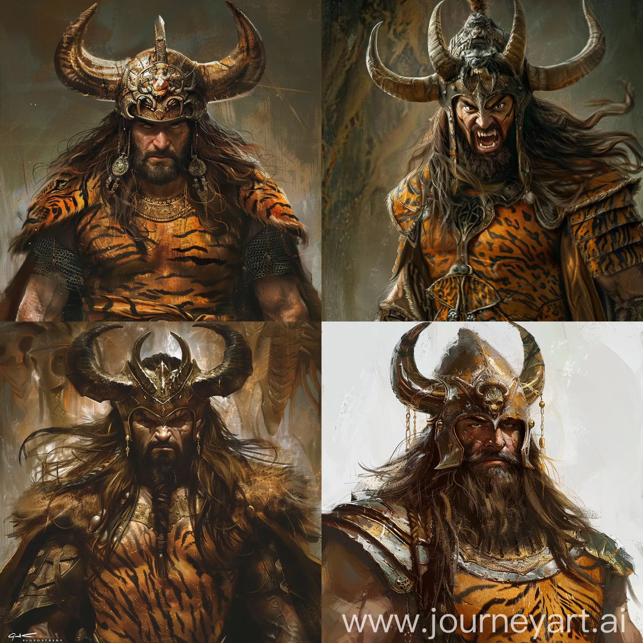 I want you to recreate the face of an ancient Iranian commander in fantasy: a Persian man, his helmet with the face of a horned demon, his face an angry man with long brown hair and beard, a large figure, wearing a tiger skin dress that looks like Armor is leather