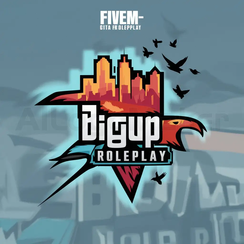 a logo design,with the text "fivem", main symbol:a logo design,with the text 'BigUP Roleplay', main symbol:The theme is Los Santos, It must write BigUP Roleplay on the logo and it must be animated as it's for a Fivem GTA RP Server. Los Santos City including skyscrapers, birds ,Moderate, clear background, Moderate, be used in Others industry ,clear background,Moderate,be used in Nonprofit industry,clear background