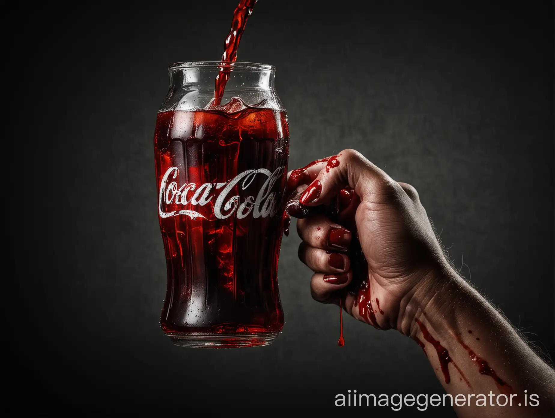 Bloody Coca Cola with a bloody hand holding it. Dark background. Photoshoot style.
