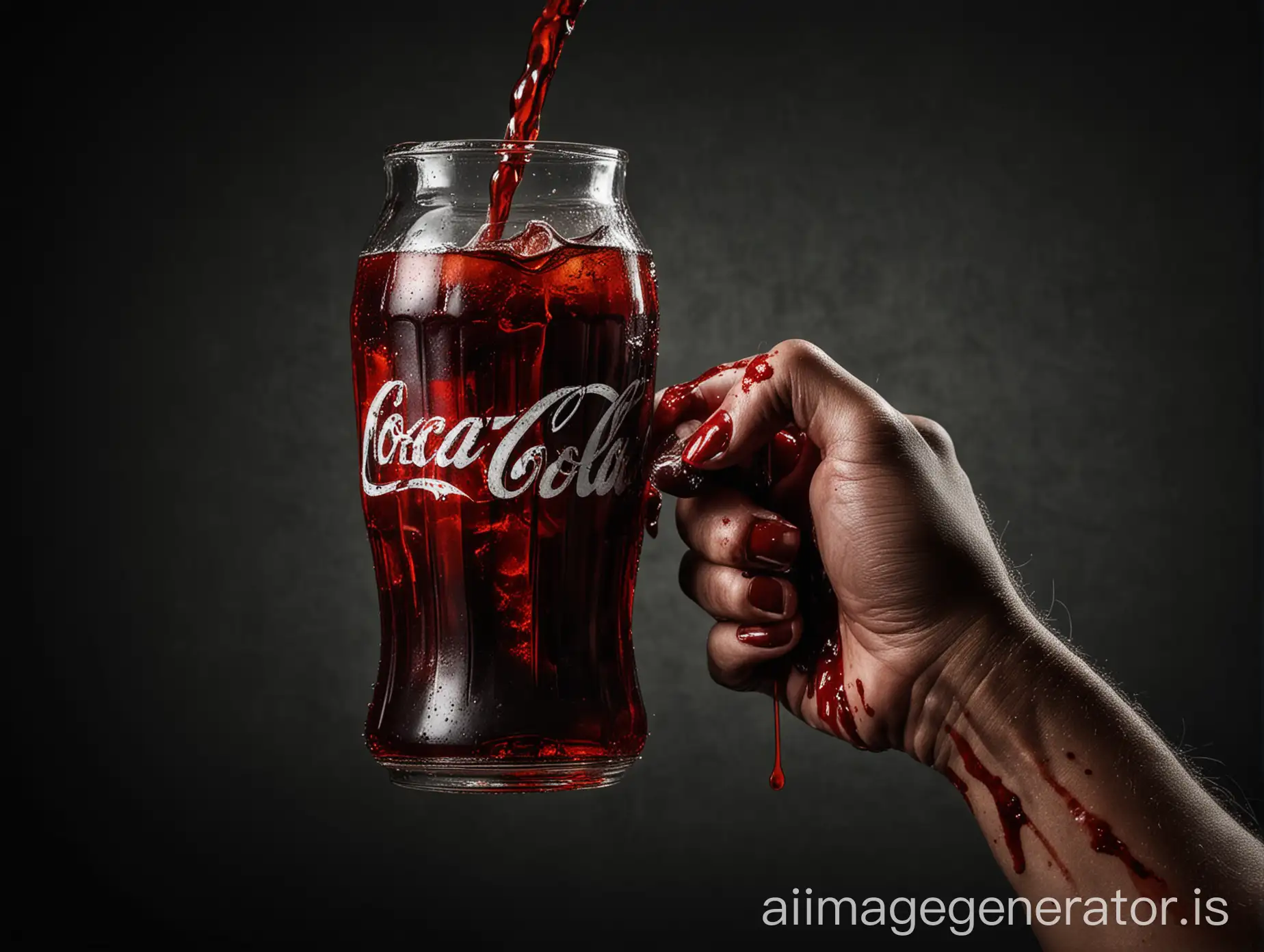 Bloody Coca Cola with a bloody hand holding it. Dark background. Photoshoot style.
