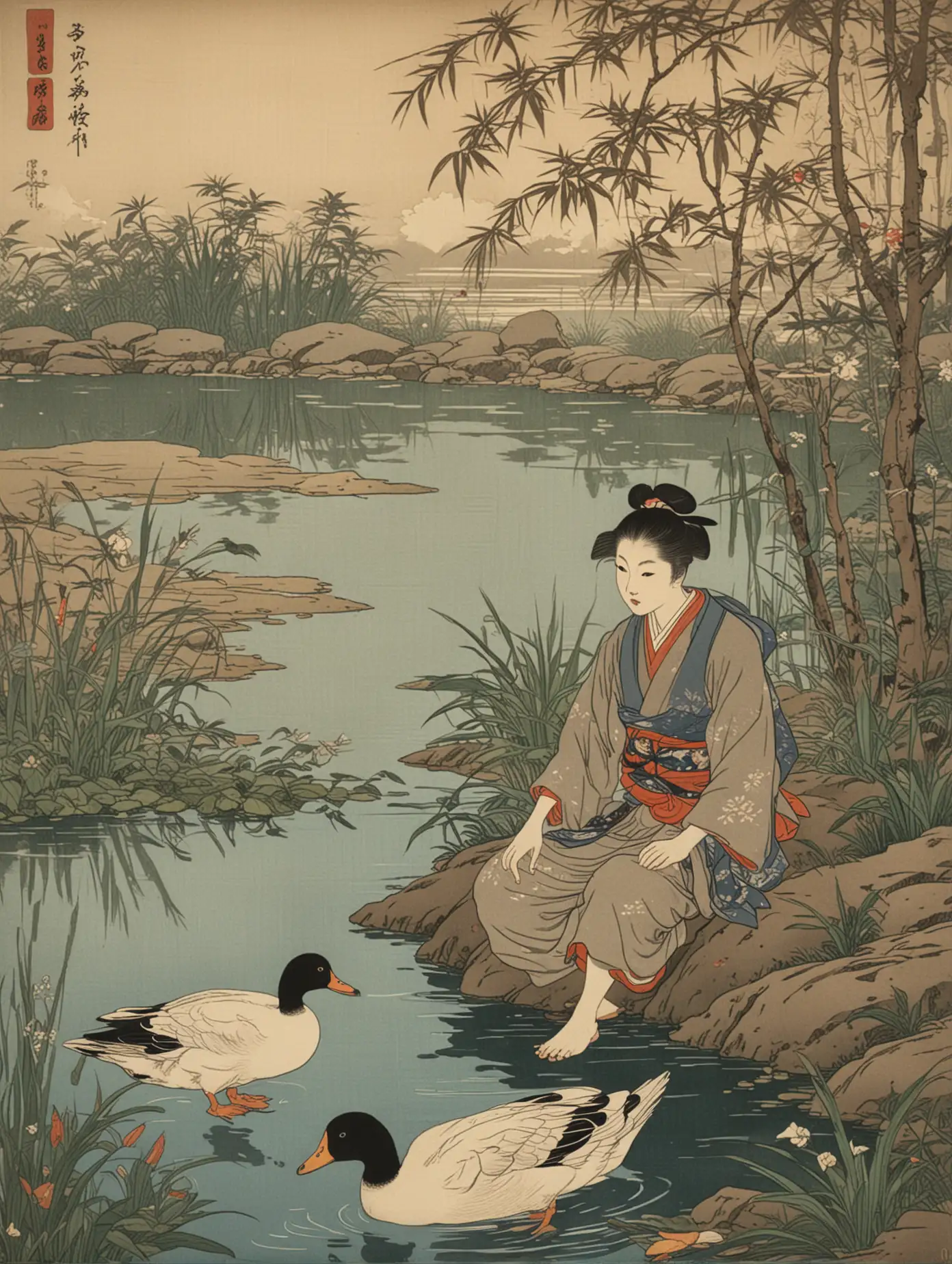 Young Boy and Duck in Ukiyoe Pond Scene