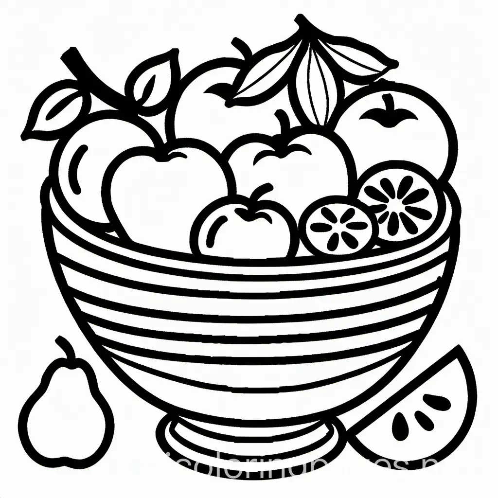 a bowl full of fruits IN COLOR, Coloring Page, black and white, line art, white background, Simplicity, Ample White Space. The background of the coloring page is plain white to make it easy for young children to color within the lines. The outlines of all the subjects are easy to distinguish, making it simple for kids to color without too much difficulty