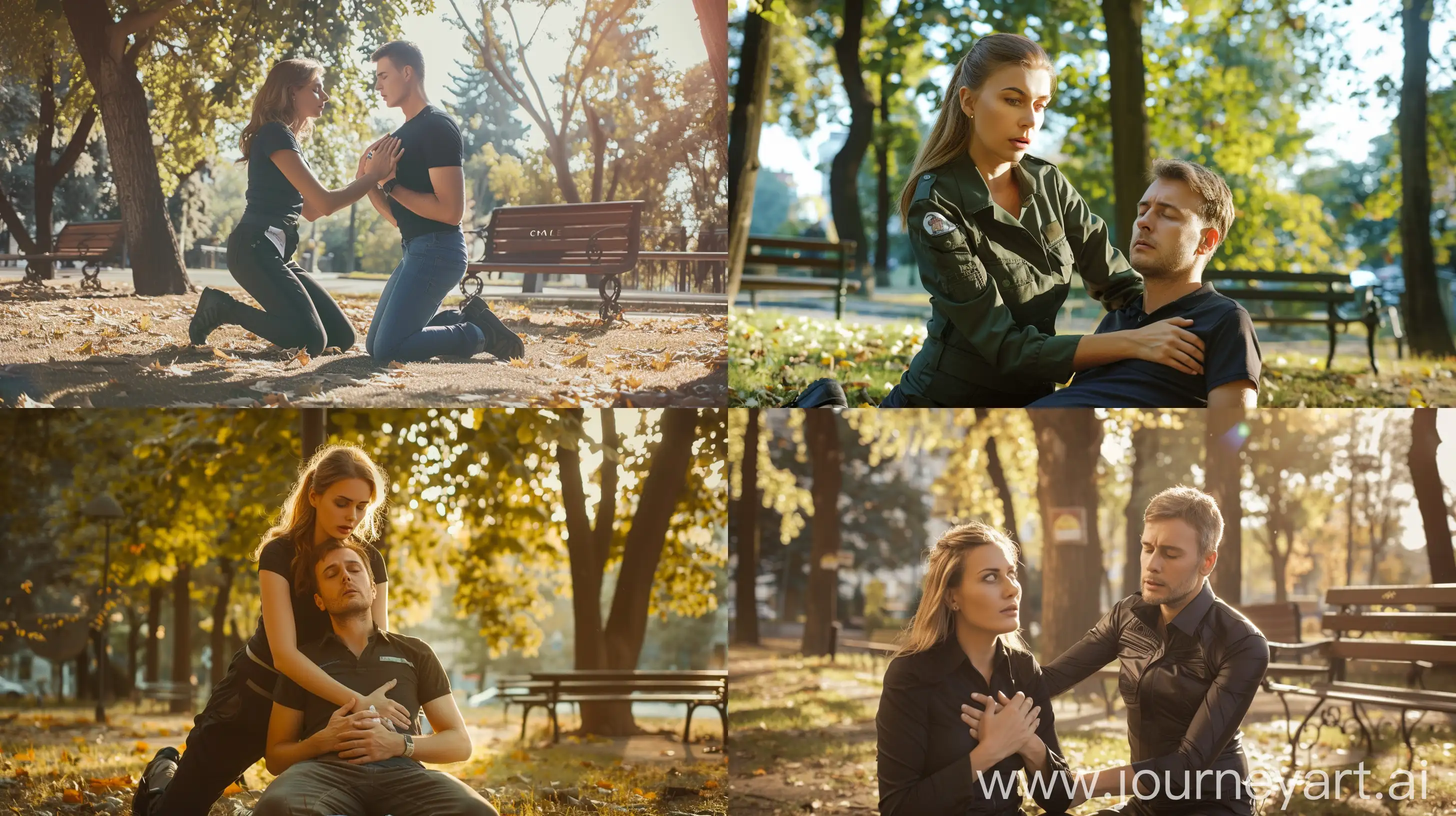 /imagine prompt: A realistic photo of a Caucasian woman giving a Caucasian man Cardiopulmonary resuscitation (CPR), woman kneeling beside the man, pressing on his chest, serious and focused expression, daytime, urban park setting. Trees and benches in the background, soft sunlight filtering through leaves, clear and sharp details, dynamic and vivid lighting, hd quality, natural look --ar 16:9 --v 6.0