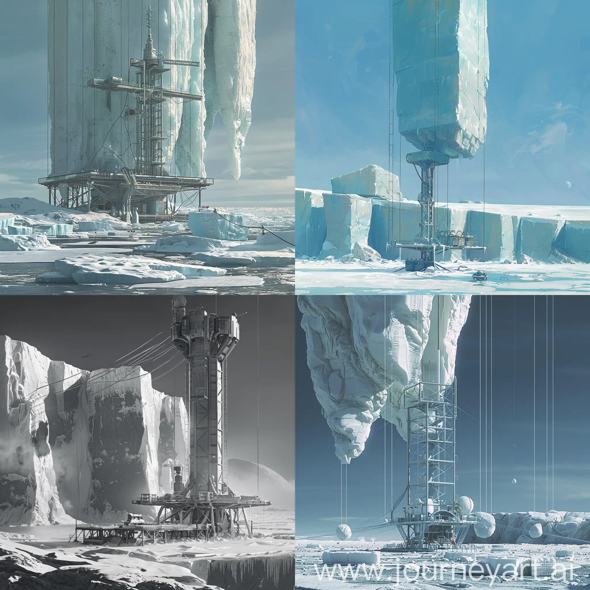 Планета Амальтея, ледяная равнина с огромными ледяными глыбами. посреди равнины стоит центр управления - это большая башня привязанная вантовыми конструкциями к равнине, а внизу площадка для приземления и взлёта космических кораблей
