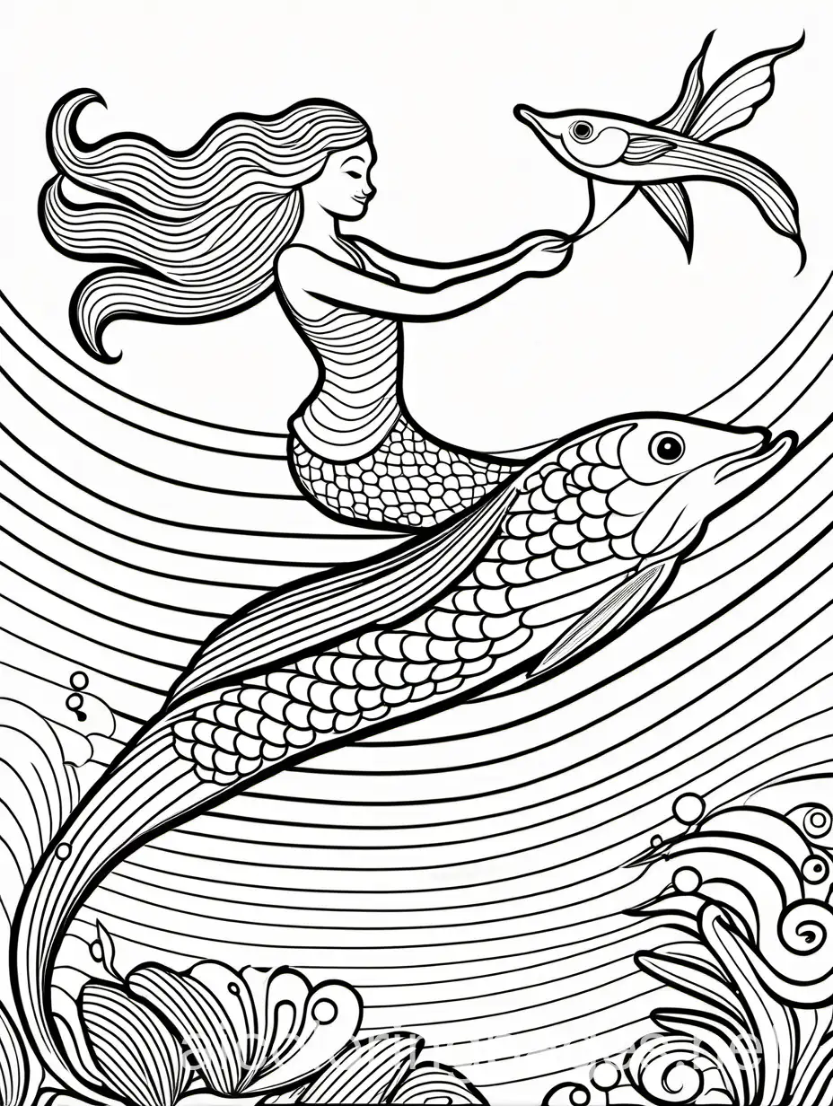 Mermaids riding on flying fish, Coloring Page, black and white, line art, white background The background of the coloring page is plain white to make it easy for young children to color within the lines. The outlines of all the subjects are easy to distinguish, Simplicity, Ample White Space. The background of the coloring page is plain white to make it easy for young children to color within the lines. The outlines of all the subjects are easy to distinguish, making it simple for kids to color without too much difficulty