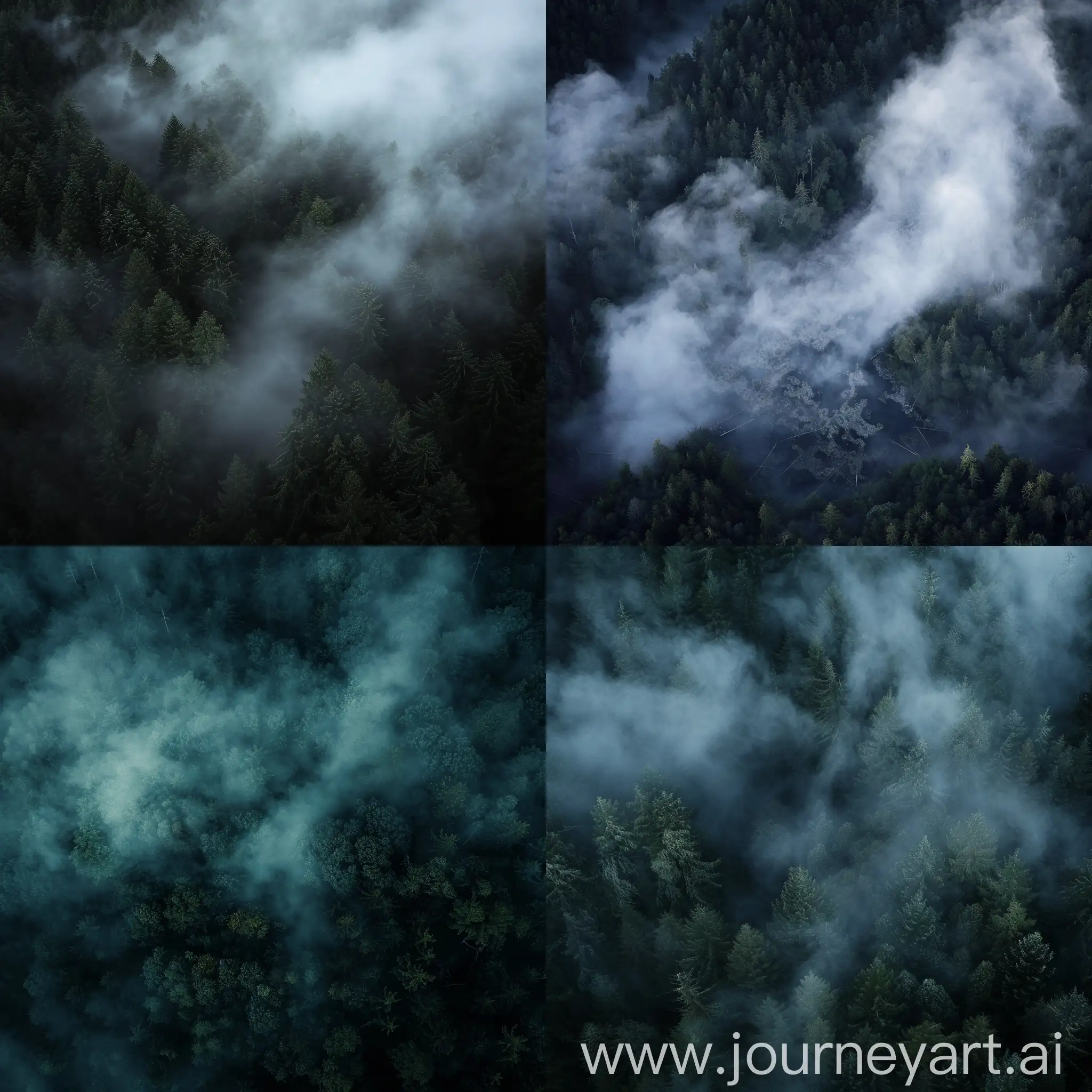 fog moves onto the dark forest and partially absorbs it, view from above