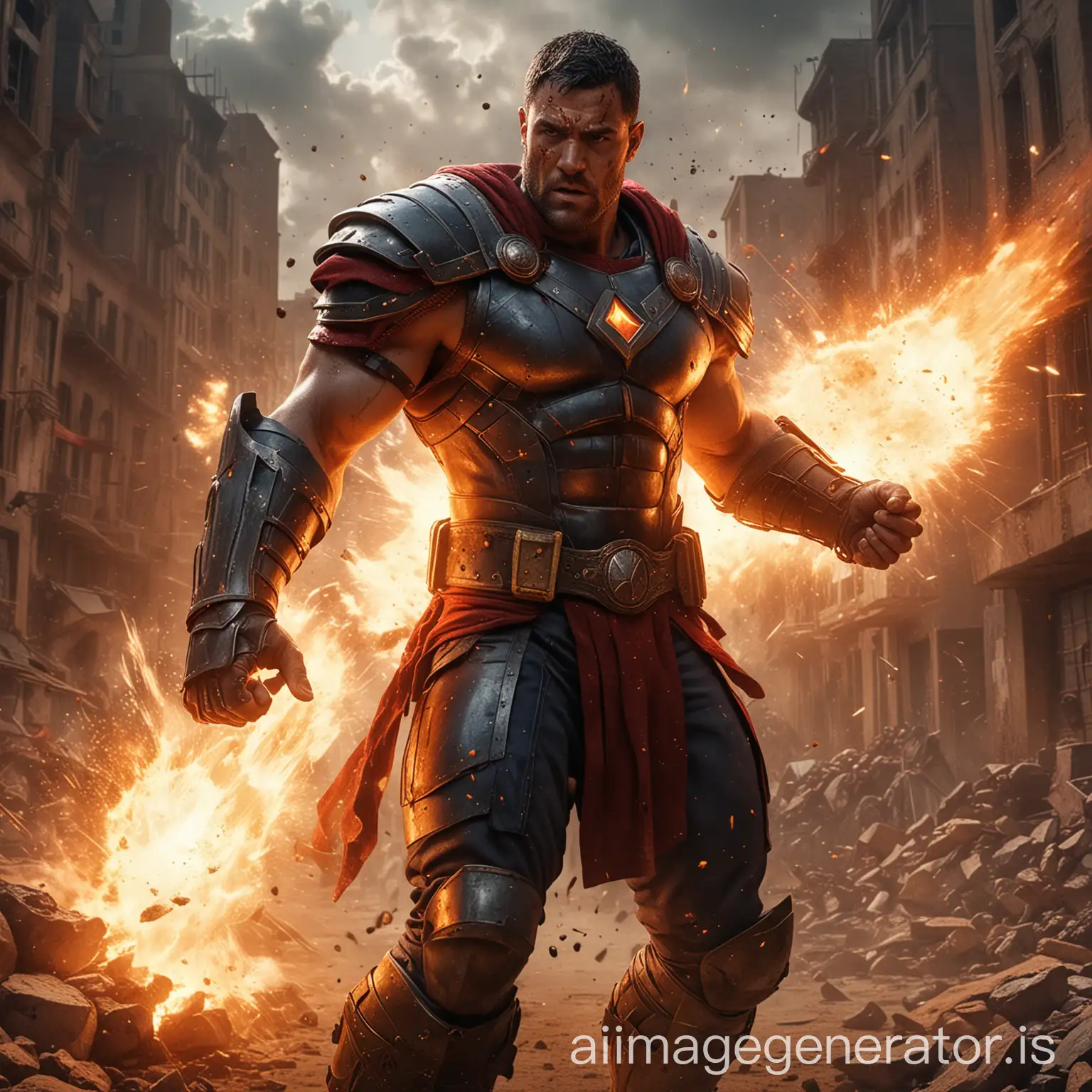 Draw realistic and cinematic art of MARVEL character GLADIATOR with explosion behind him