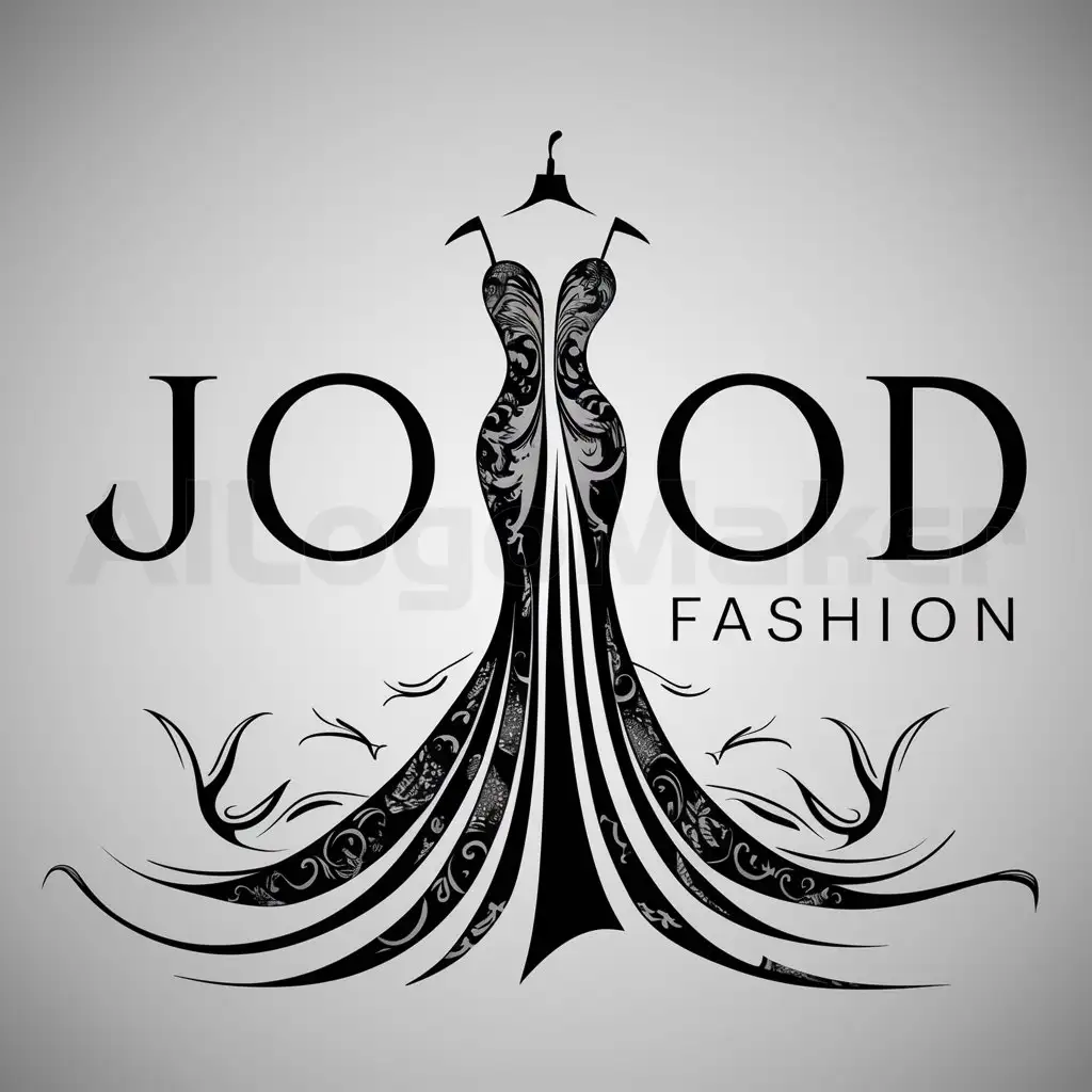 a logo design,with the text "Jood Fashion", main symbol:it all about Evening gown dress i want to make mix between the name and make design of Evening gown dress,complex,clear background
