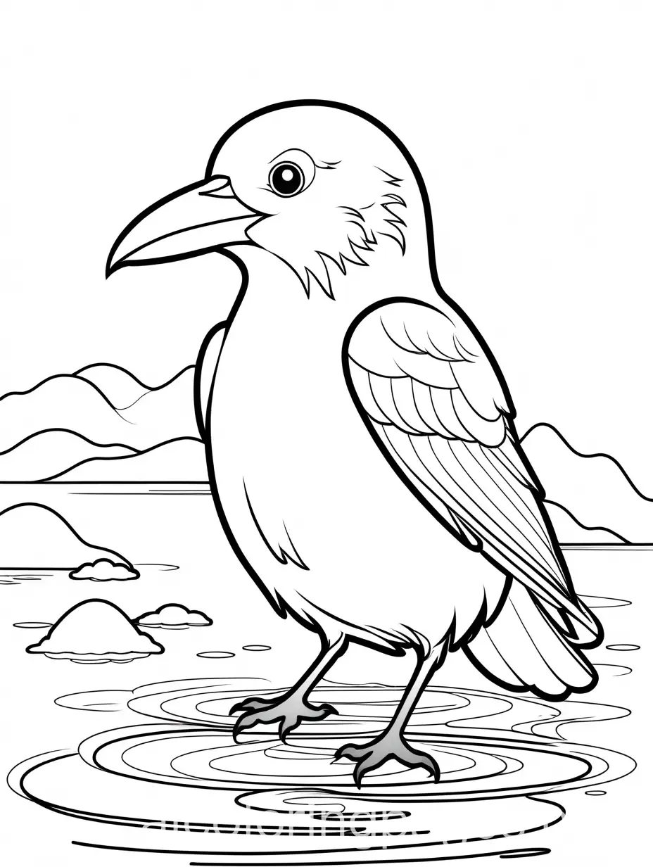 Happy-Toddler-Crow-Coloring-Page-Adorable-Crow-Playing-in-Water-Black-and-White-Line-Art