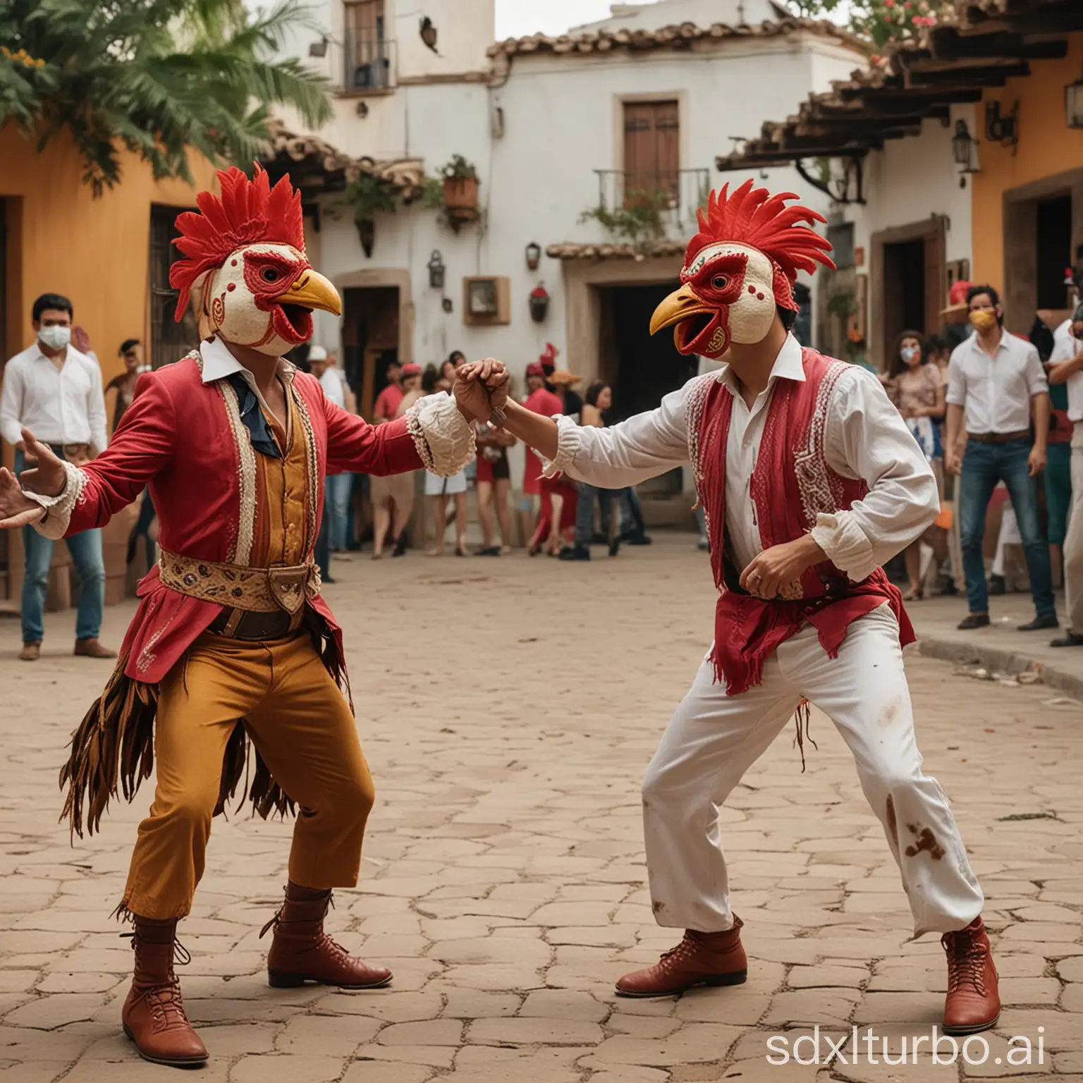 2 actors perform passionately in a picturesque Mexican-style cockfighting plaza with funny rooster masks, everyone claps happily