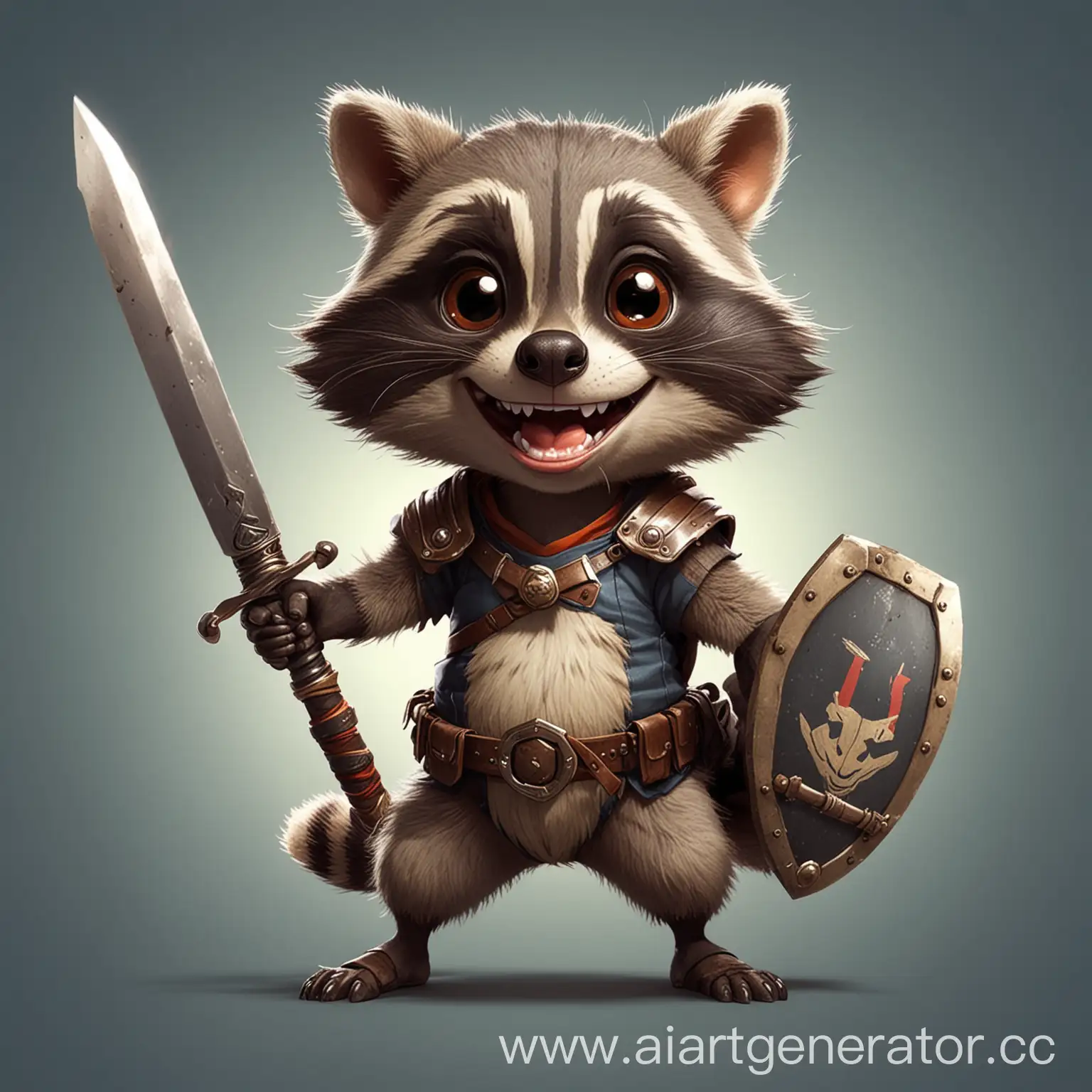 Create a picture of a raccoon standing on its hind legs, big smile, tongue out. in anime style and with a small sword and shield in its paws.