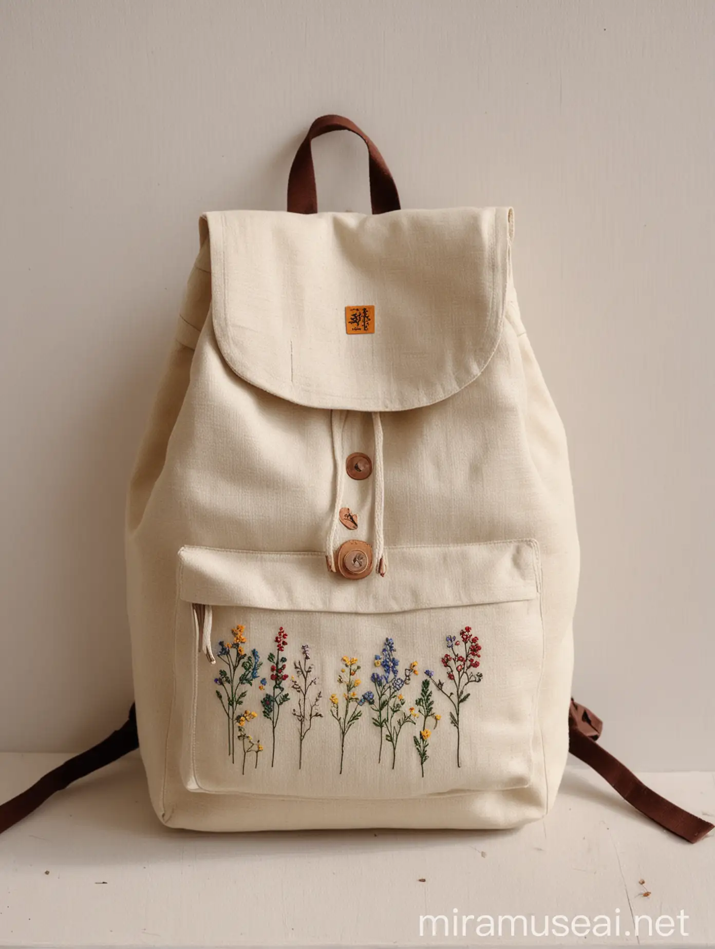 Fabric backpack, linen material, cream fabric color, small embroidery
