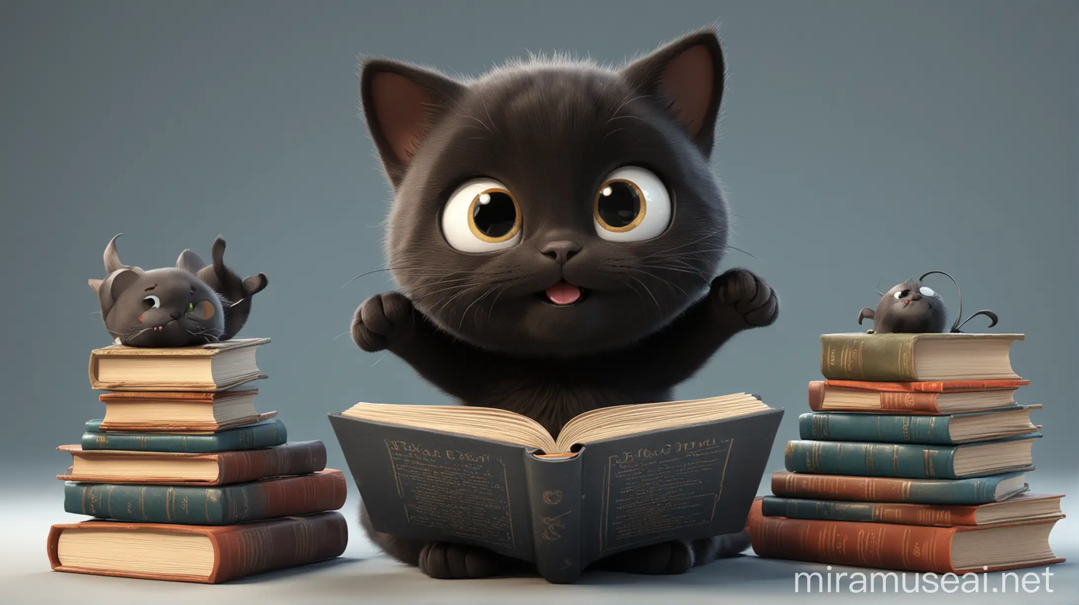 Adorable 3D Cartoon Black Cat Reading Books with Excited Expression