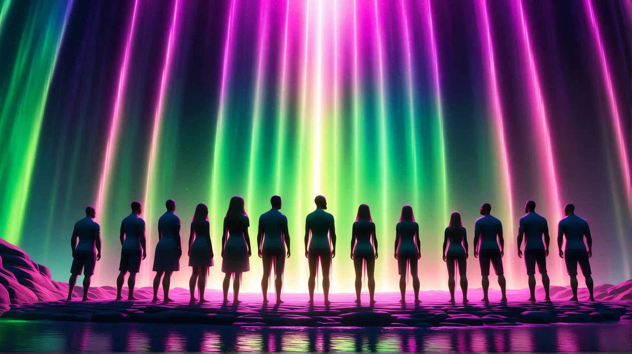 group photo. painted on metallic canvas. family photo. family standing around a waterfall. 10 family members. 5 women. 5 men. aurora. light particles. glowing hair. cinematic lighting and cinematic shading. very baroque and infinitesimally individualized. fanatically pragmatic 3d blender sfm compositions. background. neon. holographic. abstract colored skin tone and textures. very intricately and microscopically detailed. ultra realistic 3d blender sfm textures. upscaled definition. cinematic lighting