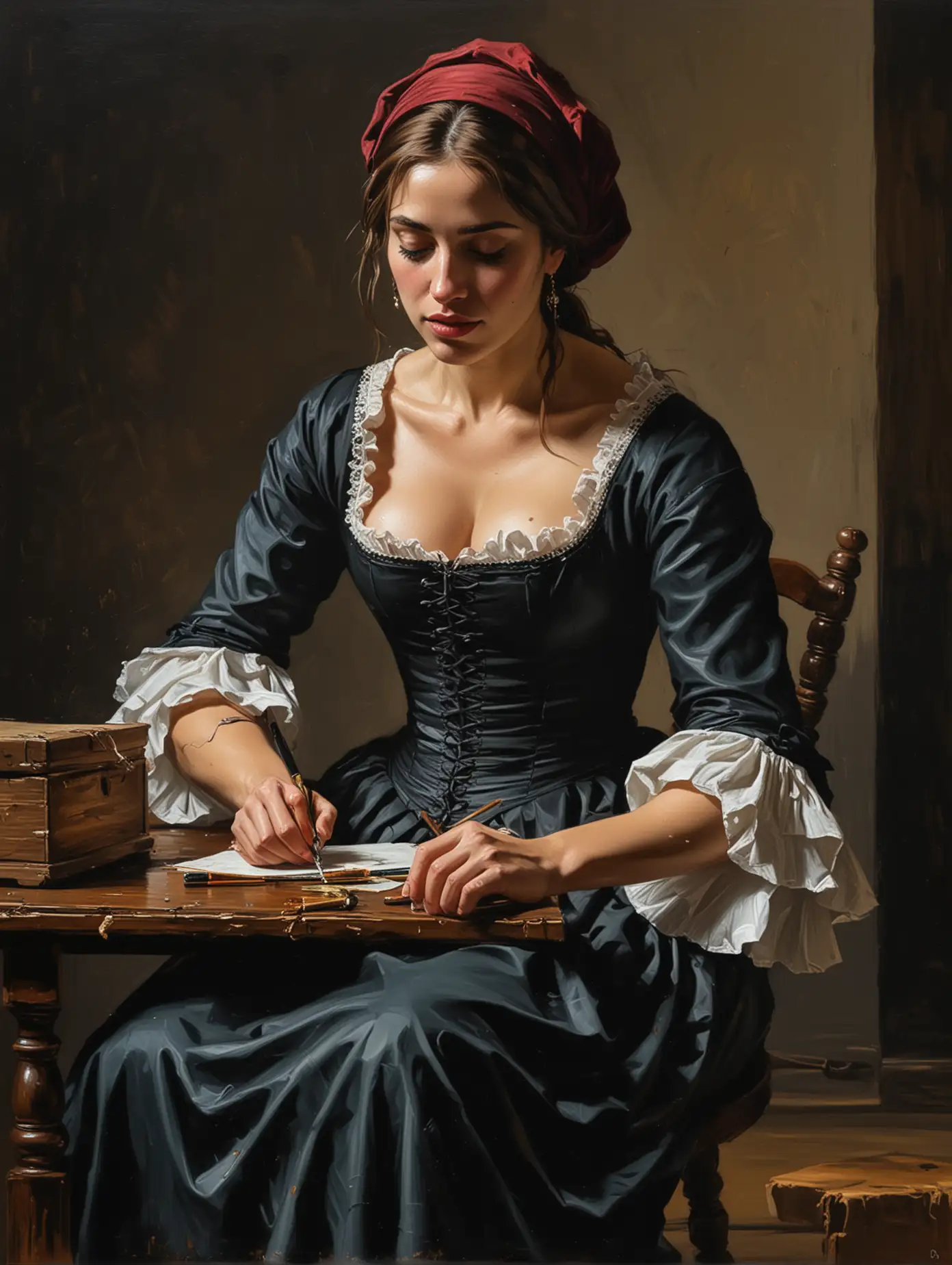 (an expressive painting:1.3), (large strokes style), palette knife style, (Fabian Perez style:1.3) , " The Lacemaker by Johannes Vermeer " depicted in the (17th century:1.3)