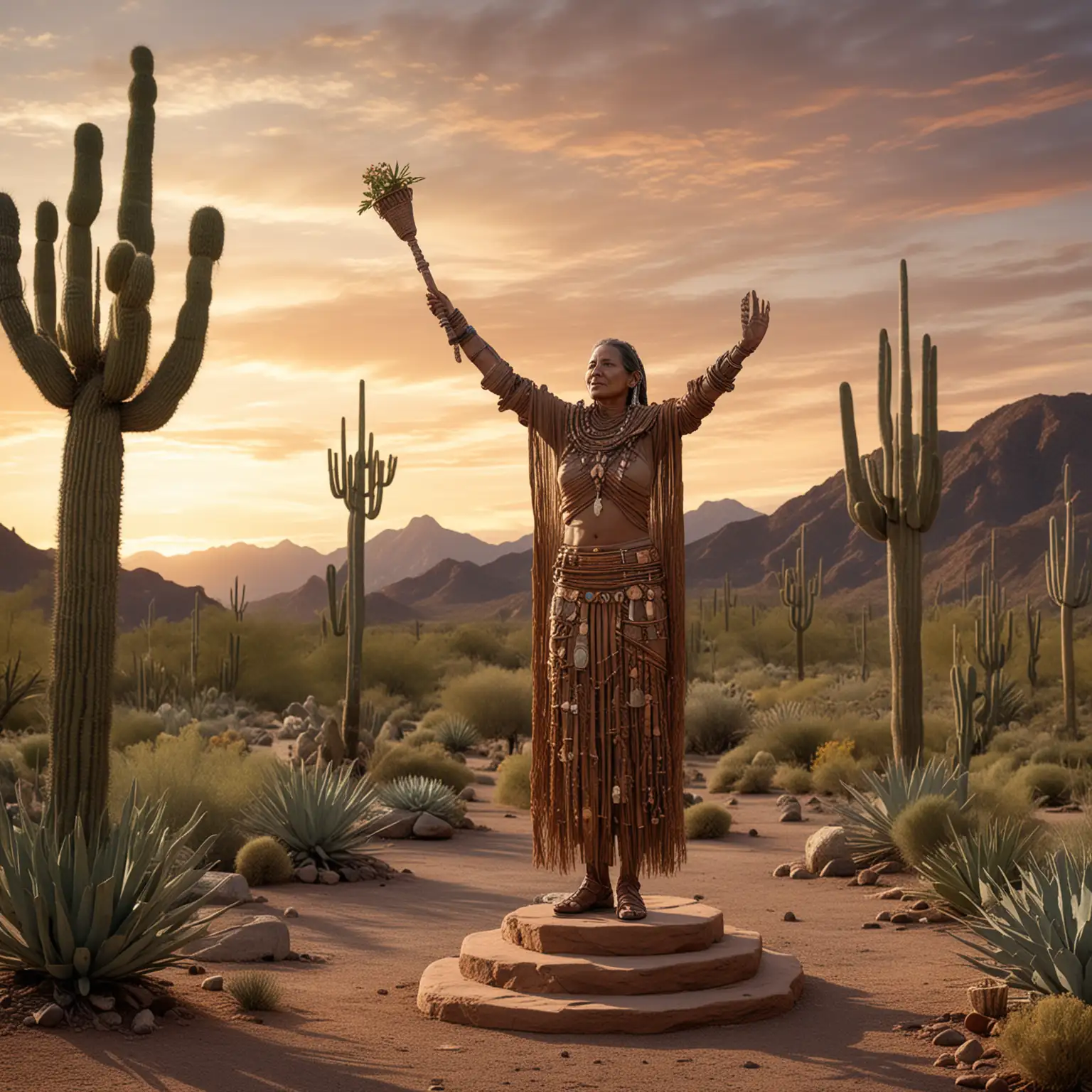 Create a Desert Garden Plaza in Tucson with a  towering figure with arms open (100 ft tall) on a huge pedestal of a Tohono O'odham elder made from copper or bronze, holding a traditional basket and staff, overlooking the Sonoran Desert. Please add a lighting element that can shine brightly in the Arizona desert. Create in a desert sunset.
Representation: Honors the Indigenous peoples of the region and symbolizes protection, wisdom, and the deep connection to the land.
Design Elements: The elder’s garments could be adorned with traditional patterns, and the base could be surrounded by native cacti and flora.