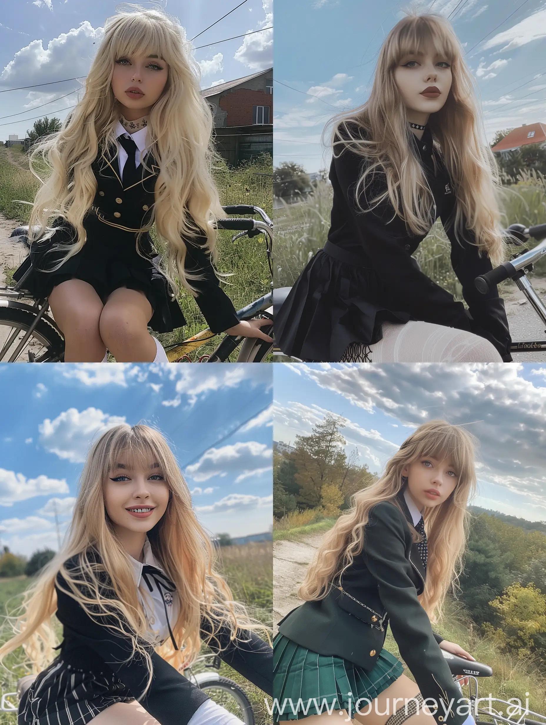 Young-Ukrainian-Woman-in-Black-School-Uniform-Taking-Natural-Selfie-on-Bicycle