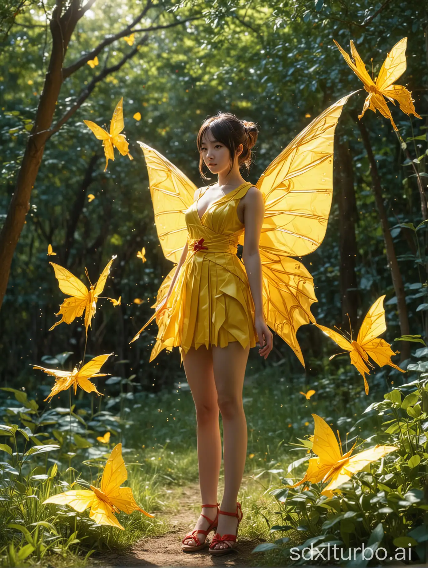 butterfly_wings,flying,glowing_butterfly,yellow_butterfly,antennae,origami,paper_crane,kashiwazaki_sena,glowing_wings,ladybug,flower,1girl,nature,grass,butterfly_print,yellow_flower,kochou_shinobu,tree,spider,jet,ginkgo_leaf,solo,shoes,shuriken,arthropod_girl,spread_wings,(best quality:1.3),(masterpiece:1.3),
