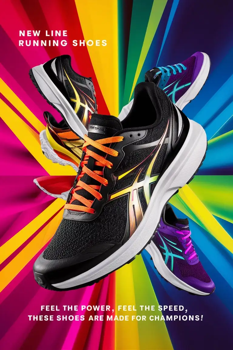 make me an ad for a running shoe, enlarge the show and make it the focal point on a brightly coloured background. use bright colours and a catchy jingle