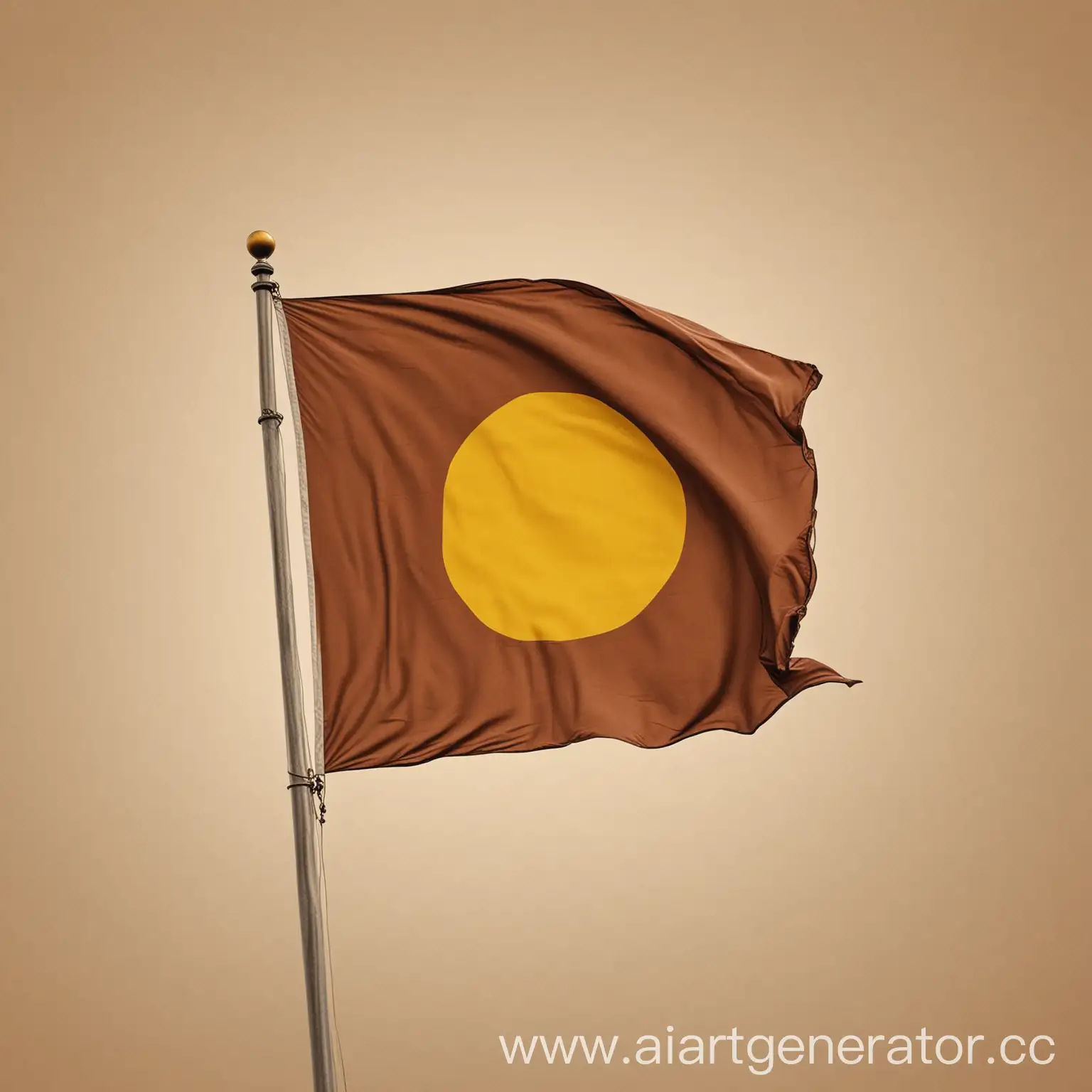 Коричневый флаг с желтым кругом в центре развеивается на ветру, кадр снизу с лева, в верз в право