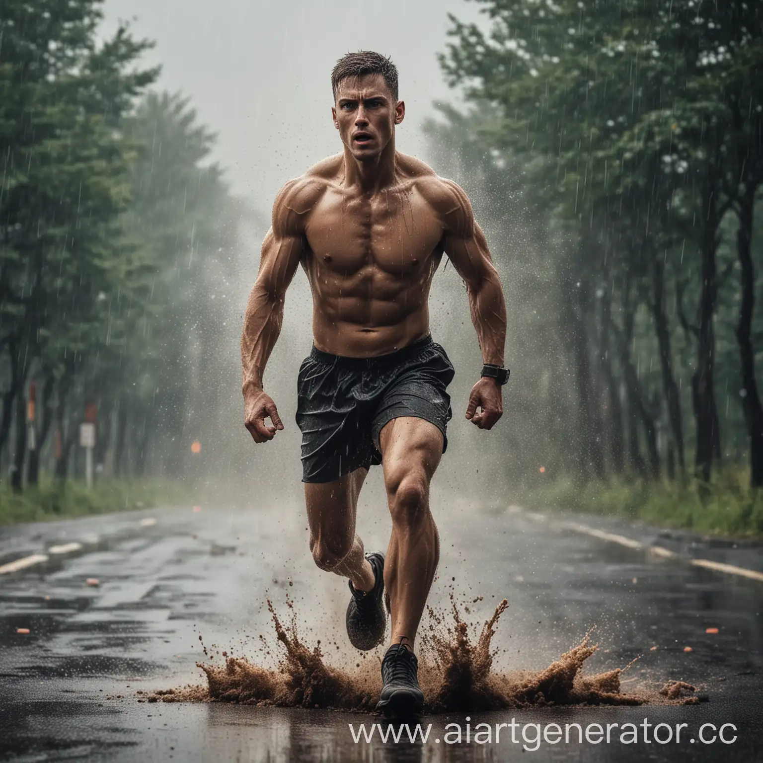 Сделай обложку для челленджа пробежек на свежем воздухе в 5 утра на асфальте под дождём и бегущего человека в военной форме спортивного телосложения с большой мышечной массой
