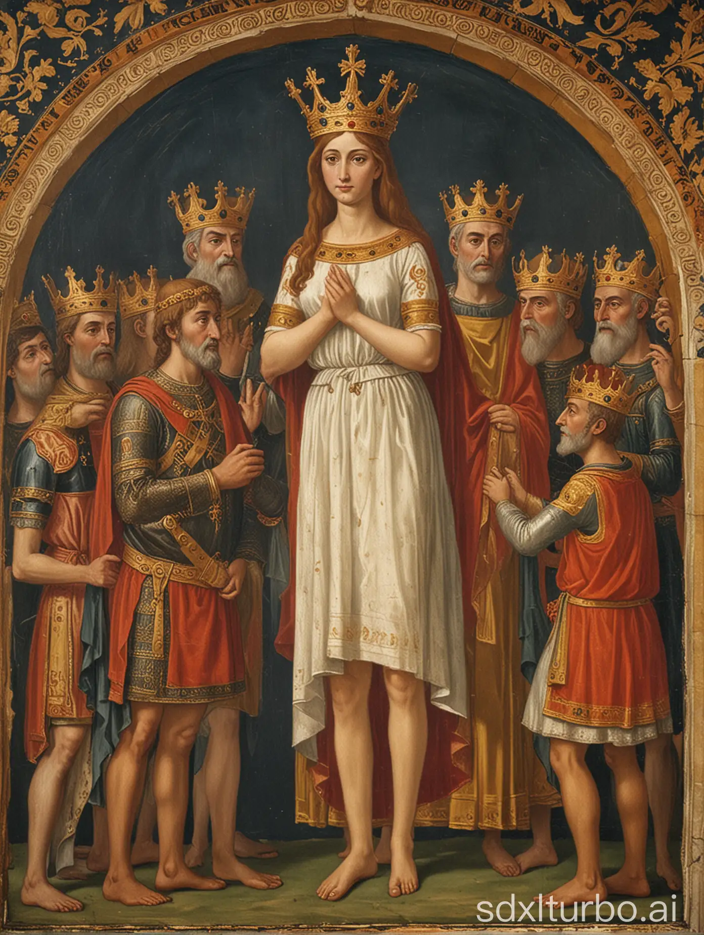 a painting from the 9th century, a woman in a mini skirt assists at the crowning of charlemagne