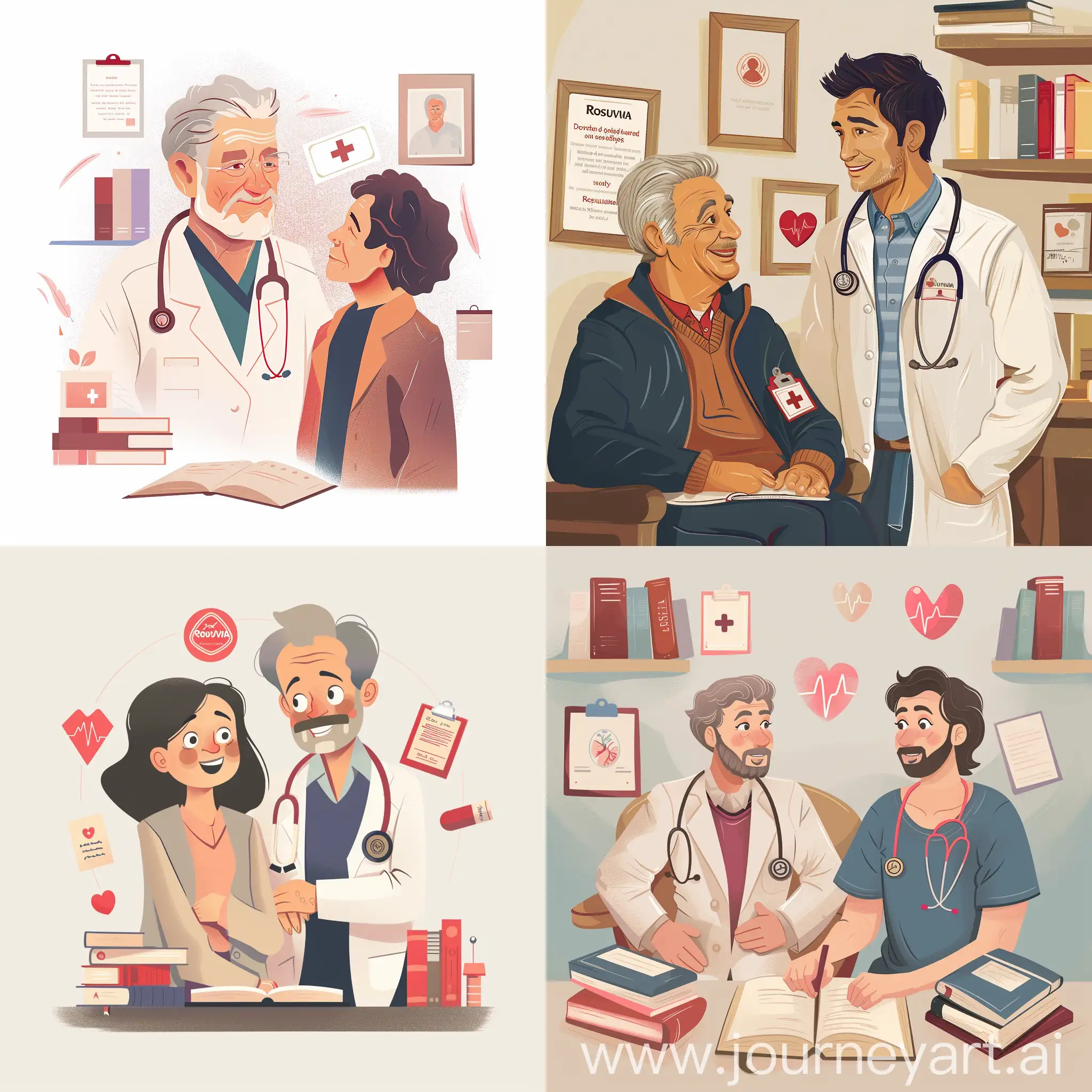 "Generate an image featuring a doctor in the early stages of their career, adopting a coach-like demeanor to convey confidence and reassurance to the patient, who should be between 45 to 50 years old. The doctor should exude professionalism and expertise, with emphasis on their facial expression and upper body. Surround the doctor with elements symbolizing medical knowledge and progression, such as books, a stethoscope, and perhaps a certificate or diploma. The patient should exude calmness and trust in the doctor's care, with facial expressions indicating relief and satisfaction. The scene should be warmly lit to evoke a sense of comfort and well-being. The overarching message is to communicate that Rosuvina is the dependable choice for cardiovascular health care, endorsed by the doctor's commitment and budding expertise."