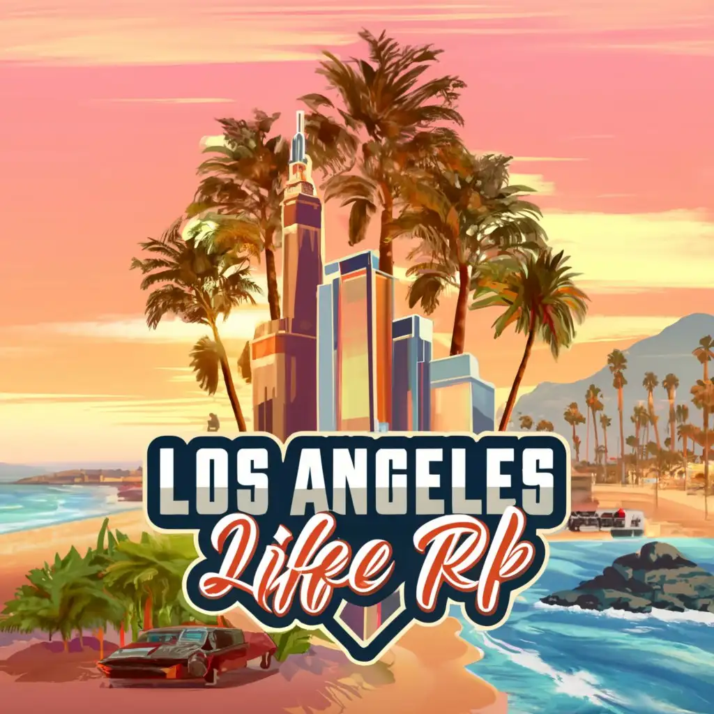a logo design,with the text Los Angeles Life RP and it must be animated as it's for a Fivem GTA RP Server. Los Angeles santa monica including palm trees, the beach and skyscrapers, Moderate, clear background and make it say EST 2024, Moderate, clear background