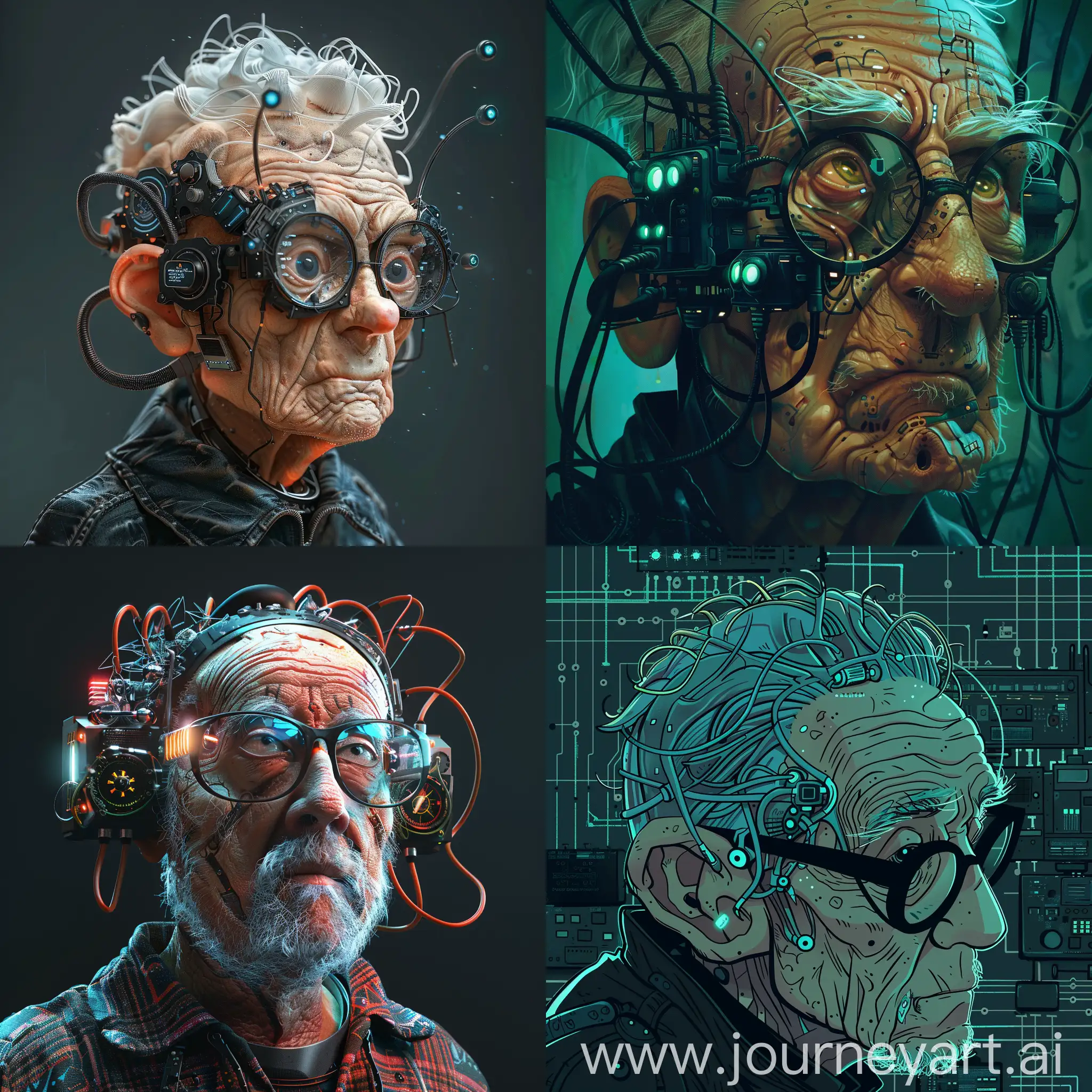 cyberpunk grandpa with a very big cyberbrain