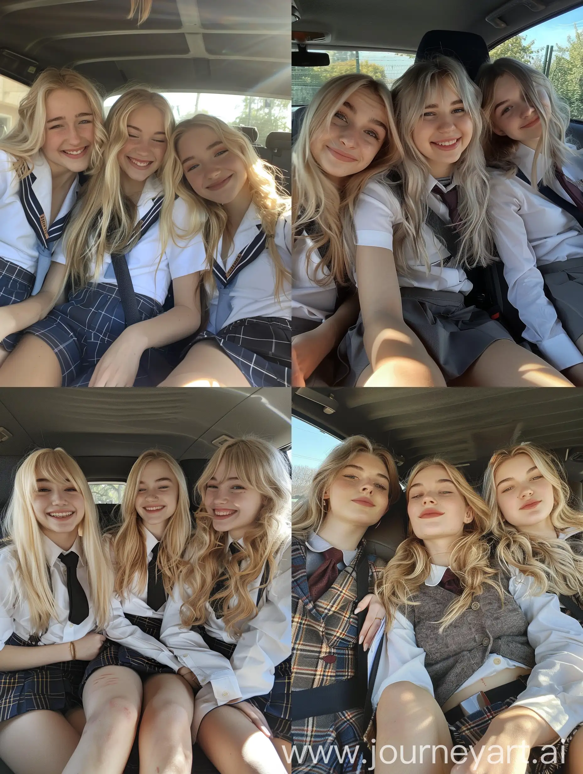 3 girls, 22 years old, blonde hair, , school uniform, smilling, , makeup,  inside car, , no effects, no filters, , , natural , iphone photo natural, fat legs
