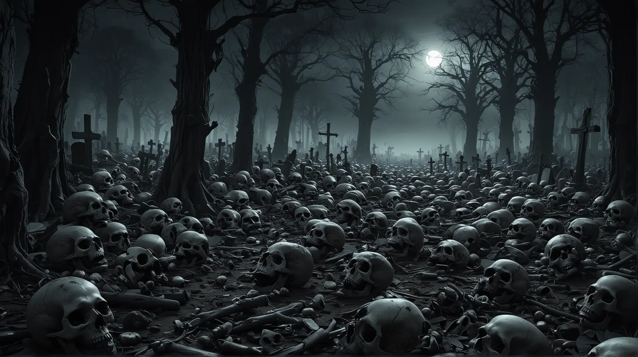 Make a mysterious and scary place, place full of skulls, cemetery of skulls, make it dark, very clear picture, 4k quality picture
