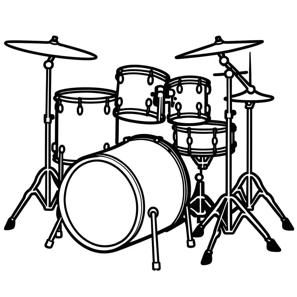 drum set, coloring page, black and white, no fill, thin lines, Coloring Page, black and white, line art, white background, Simplicity, Ample White Space. The background of the coloring page is plain white to make it easy for young children to color within the lines. The outlines of all the subjects are easy to distinguish, making it simple for kids to color without too much difficulty