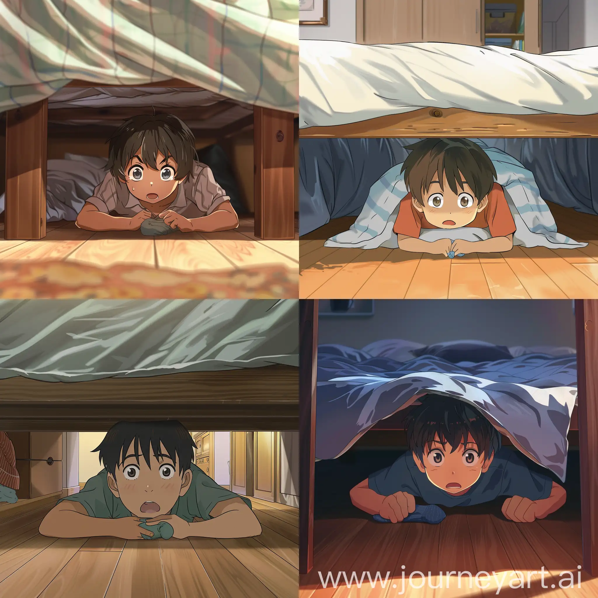 вид из под кровати мальчик ищет носок под кроватью аниме