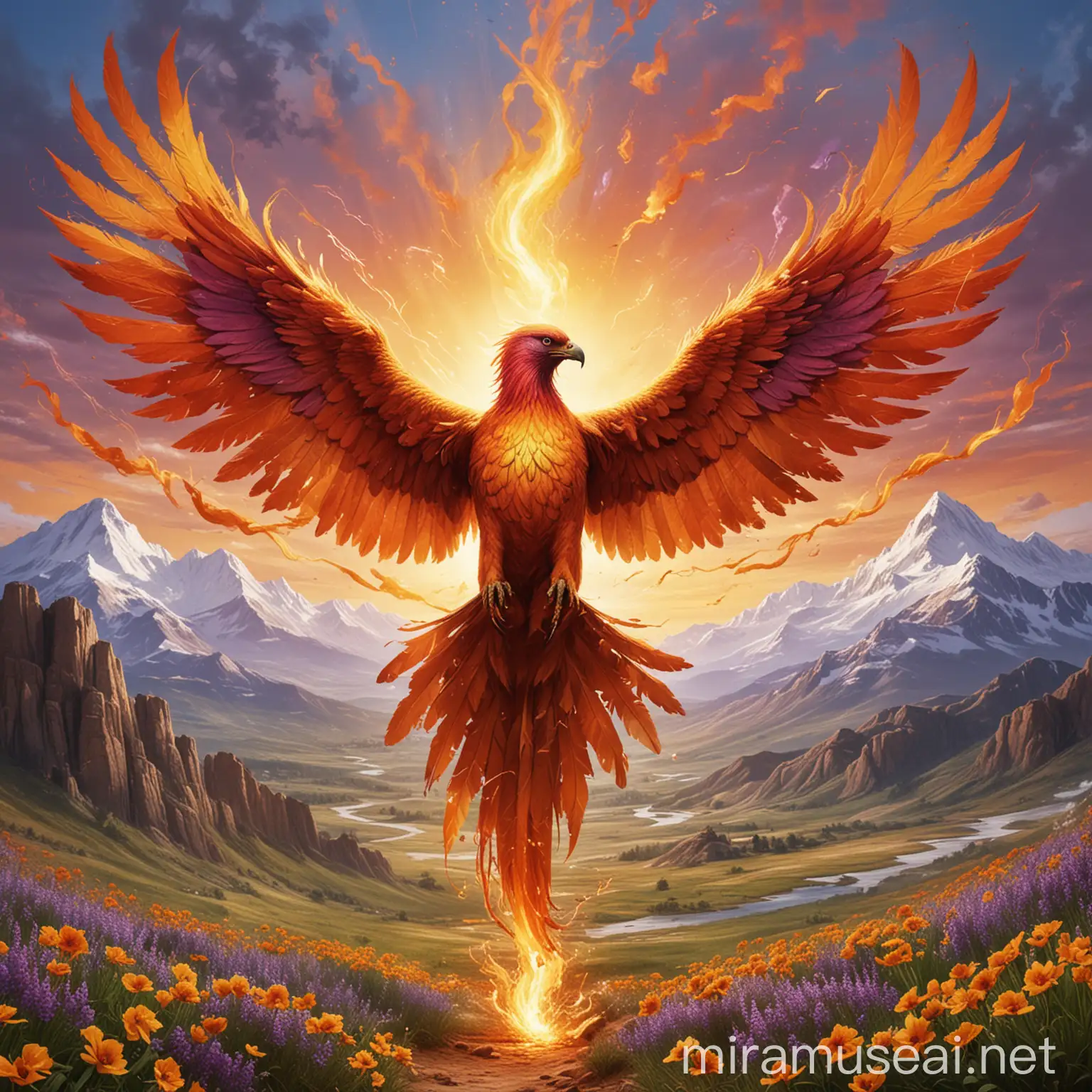 1. Create an image of a phoenix breaking free from chains, symbolizing freedom and recovery from addiction. 
2. Set the background with an open, bright blue sky (#3498DB) and distant mountains to symbolize overcoming challenges.
3. The ground should be covered with green grass (#2ECC71) and colorful flowers: yellow (#F4D03F), orange (#F39C12), red (#E74C3C), and purple (#9B59B6).
4. The phoenix should be depicted with outstretched wings, its feathers ablaze, symbolizing freedom and power.
   - Body colors: red (#E74C3C) and orange (#F39C12).
   - Wing colors: yellow (#F4D03F) and golden (#FFD700).
   - Eyes: green (#2ECC71).
5. Add broken chains at the base, symbolizing liberation from addiction: black (#000000) and silver (#BDC3C7).
6. Flames of hope should emanate from the phoenix’s heart: yellow (#F4D03F) and bright orange (#F39C12).
7. Include inspirational text alongside or within the image, such as "Freedom comes from within" and "The power to quit is divine," using golden (#FFD700) and white (#FFFFFF).
8. Ensure the overall style incorporates elements of Leonardo da Vinci, digital painting, and digital collage art for a captivating and unique effect.
