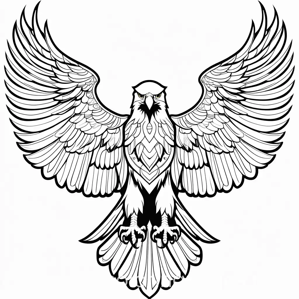 tattoo design of eagle, Coloring Page, black and white, line art, white background, Simplicity, Ample White Space. The background of the coloring page is plain white to make it easy for young children to color within the lines. The outlines of all the subjects are easy to distinguish, making it simple for kids to color without too much difficulty